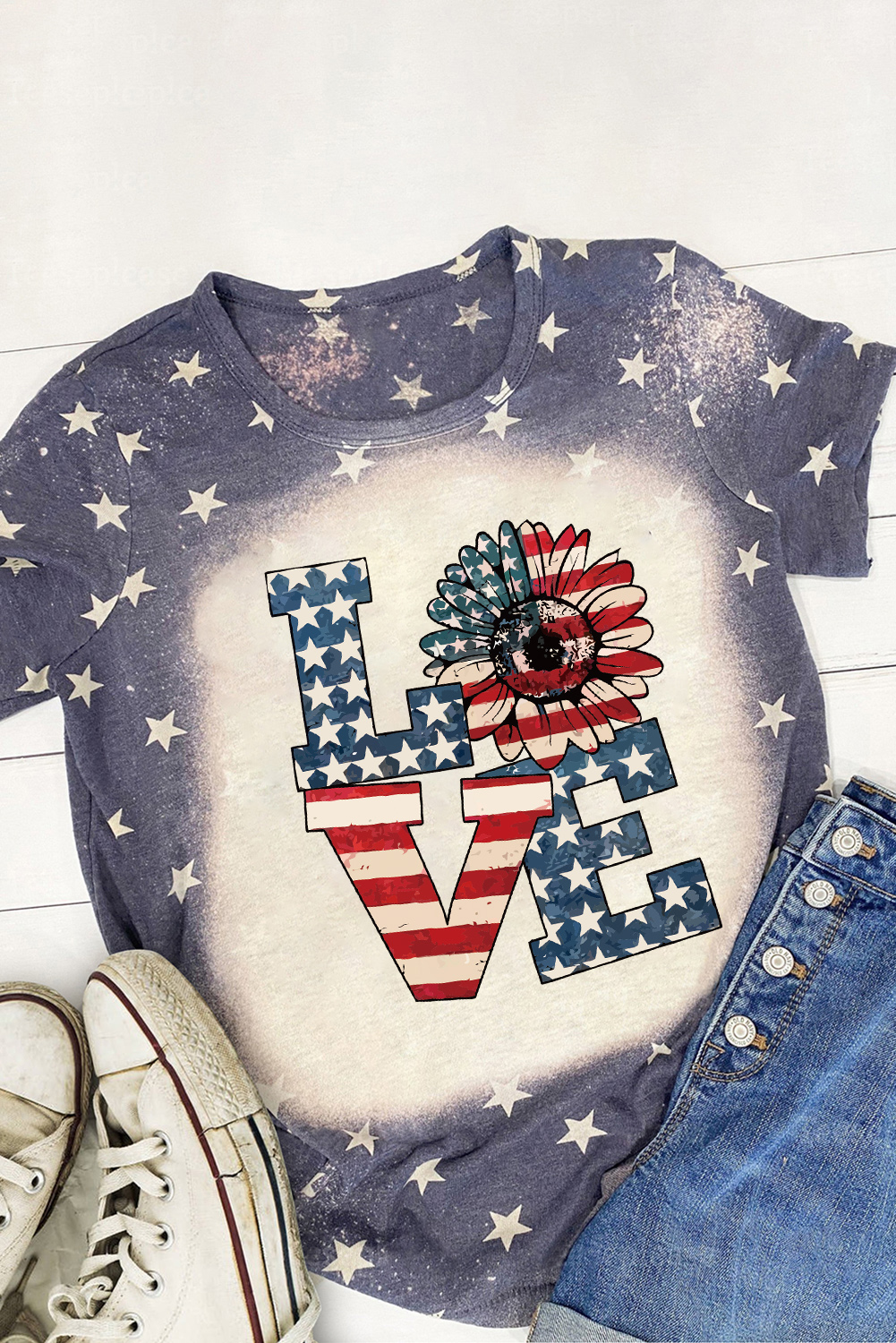 Blue Starlet Allover Bleached LOVE Sunflower Flag Graphic Tee - loveforevers