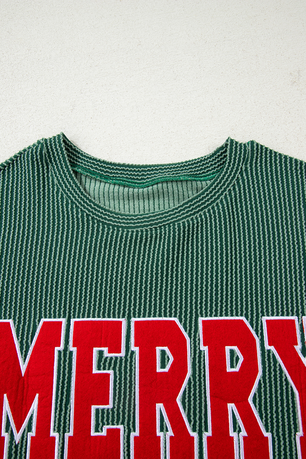 Evergreen Twisted Rib Outlined Merry Letter Graphic Loose Long Sleeve Top - loveforevers