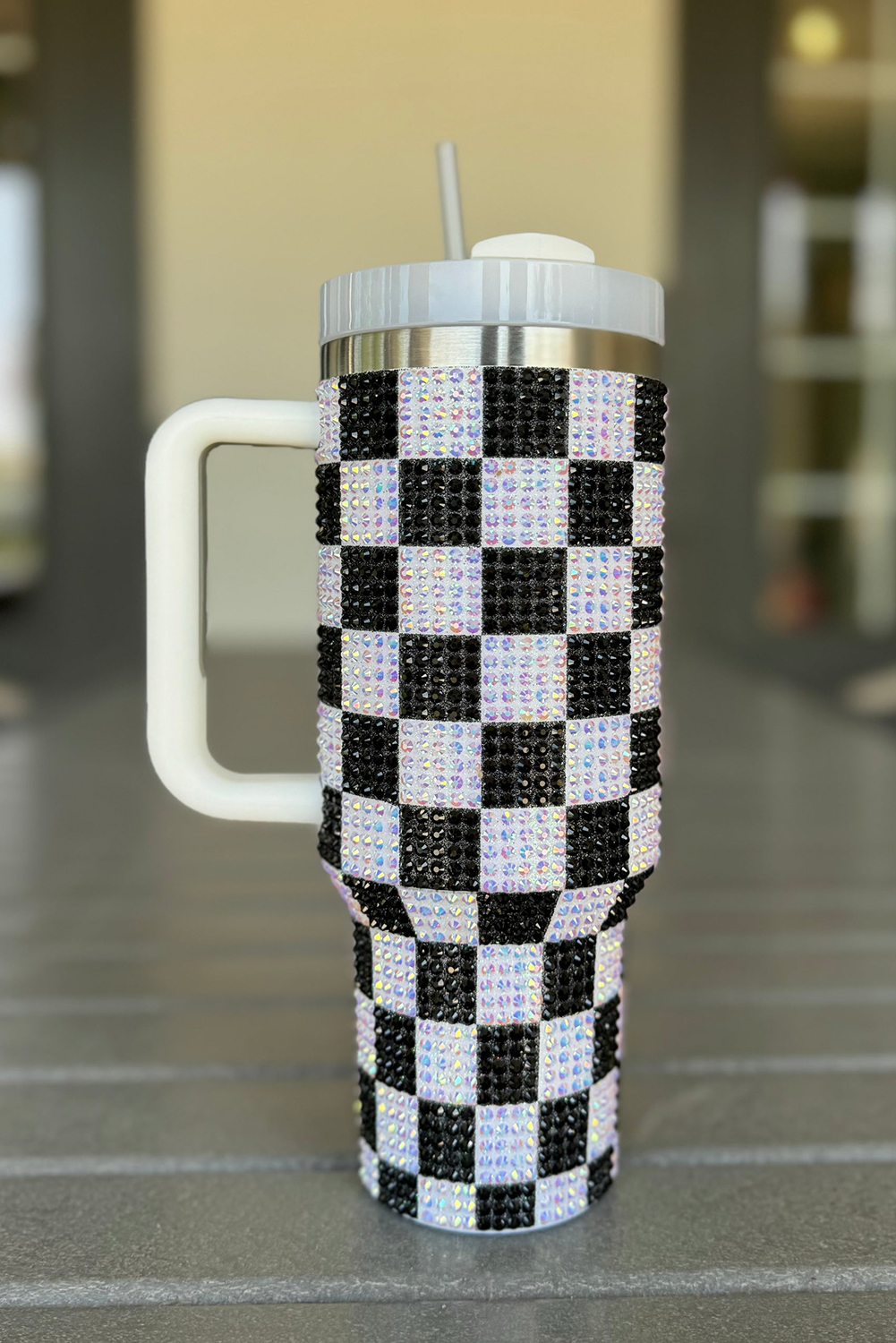 Black Full Rhinestone Checkerboard Handled Tumbler 40oz - loveforevers