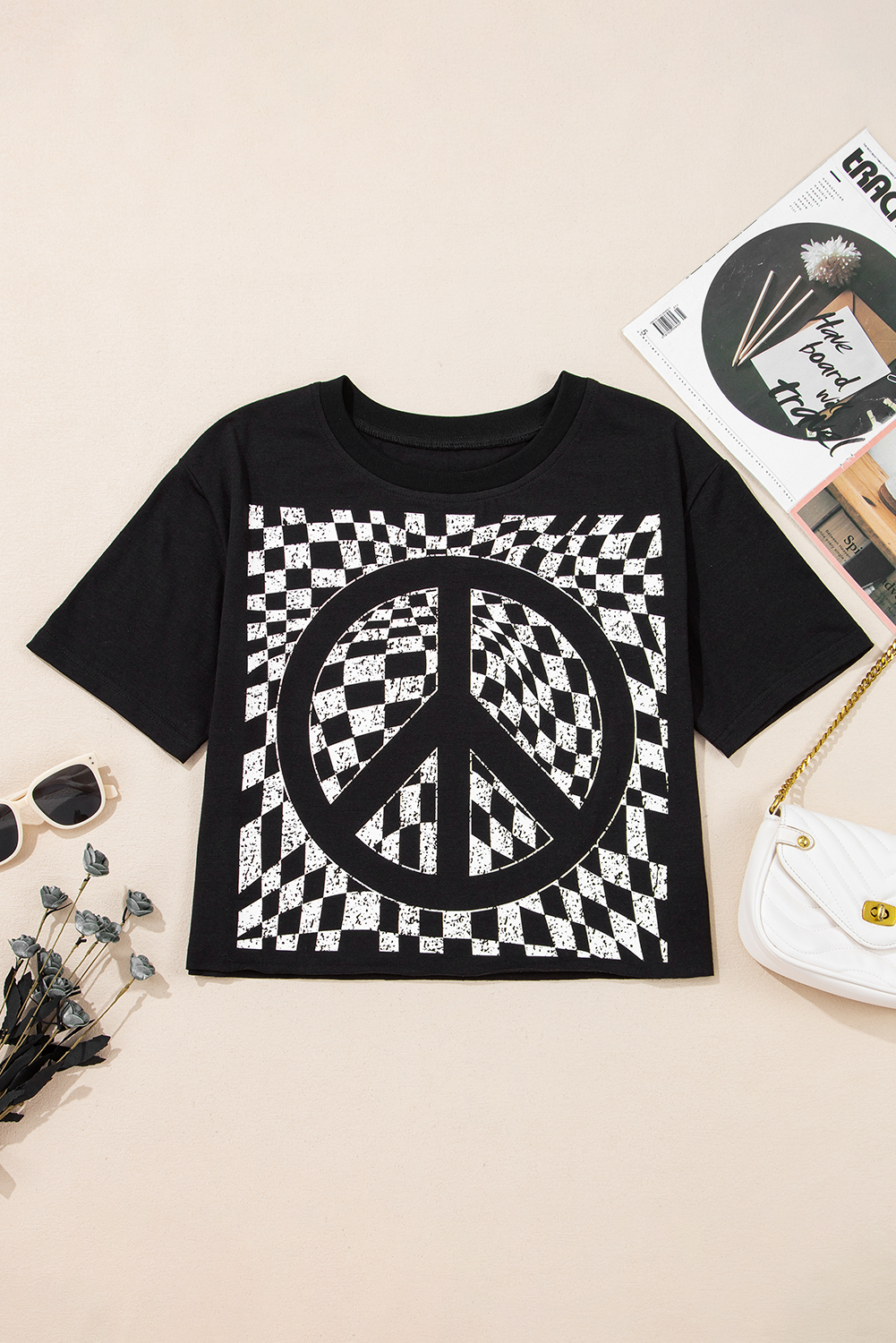 Black Checkerboard Peace Sign Printed Round Neck T Shirt - loveforevers