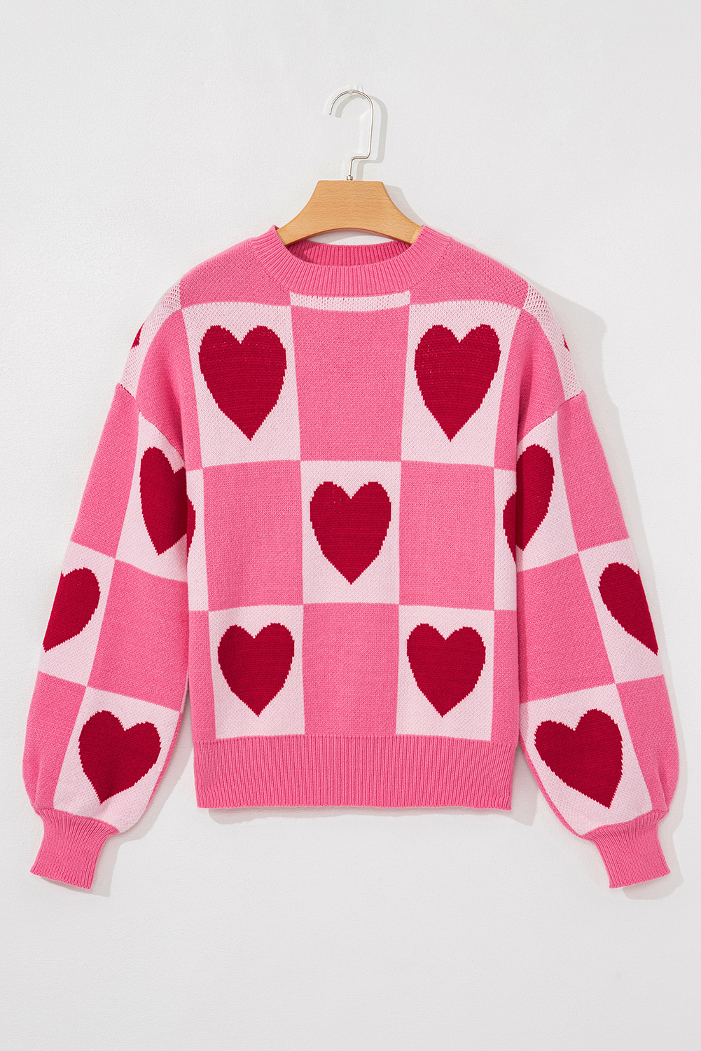 Pink Love Heart Checkered Valentine Crew Neck Sweater - loveforevers