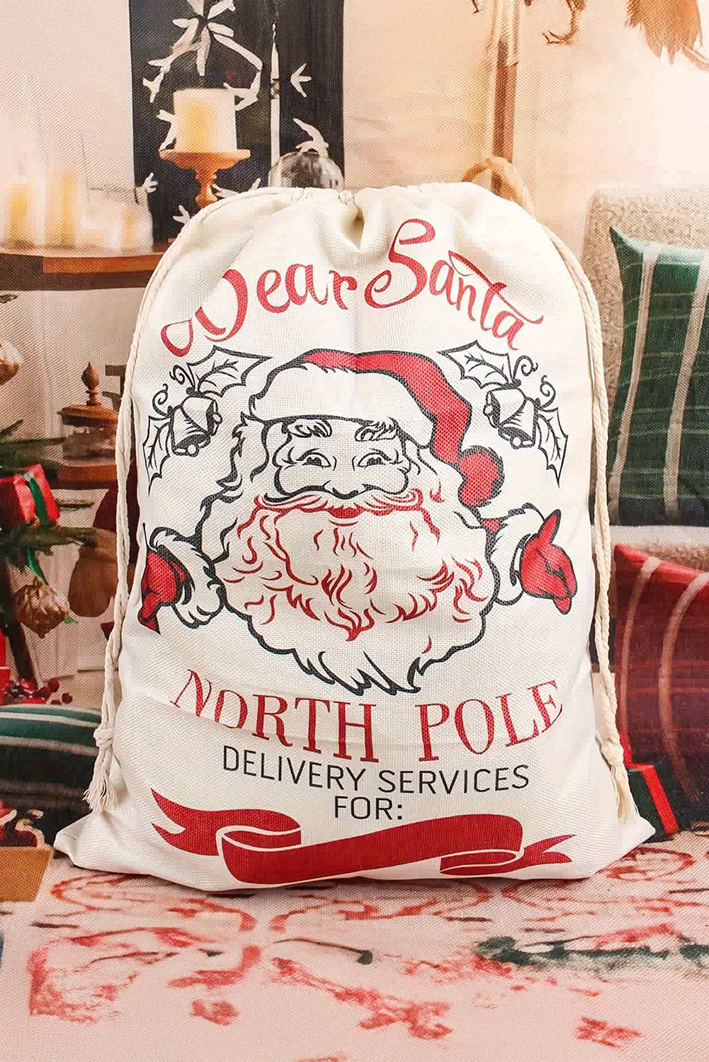 White Santa Clause Print Drawstring Closure Canvas Christmas Gift Bag - loveforevers