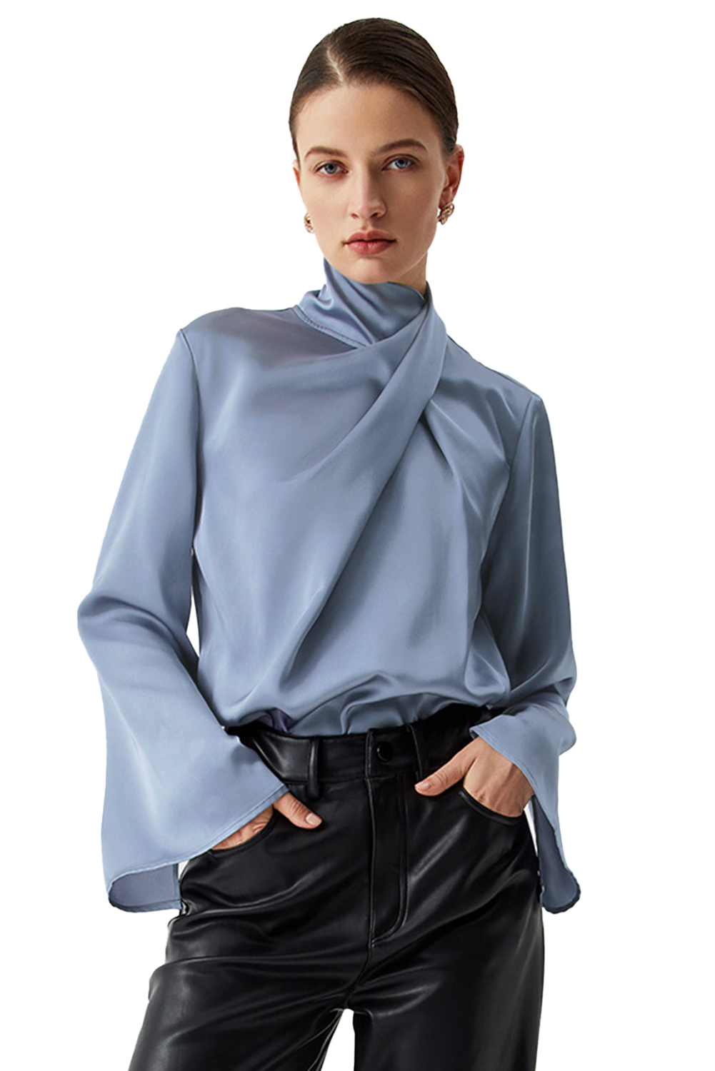 Ivy Asymmetric Pleated Turtleneck Bell Sleeve Blouse - loveforevers