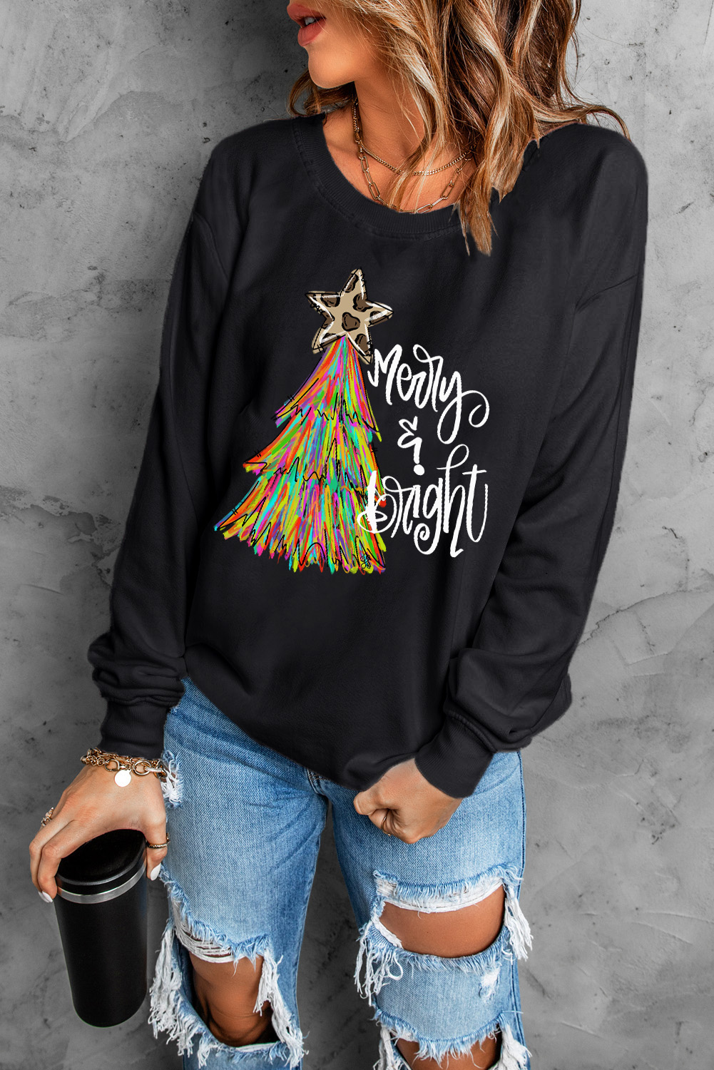 Black Merry & Bright Christmas Tree Graphic Sweatshirt - loveforevers
