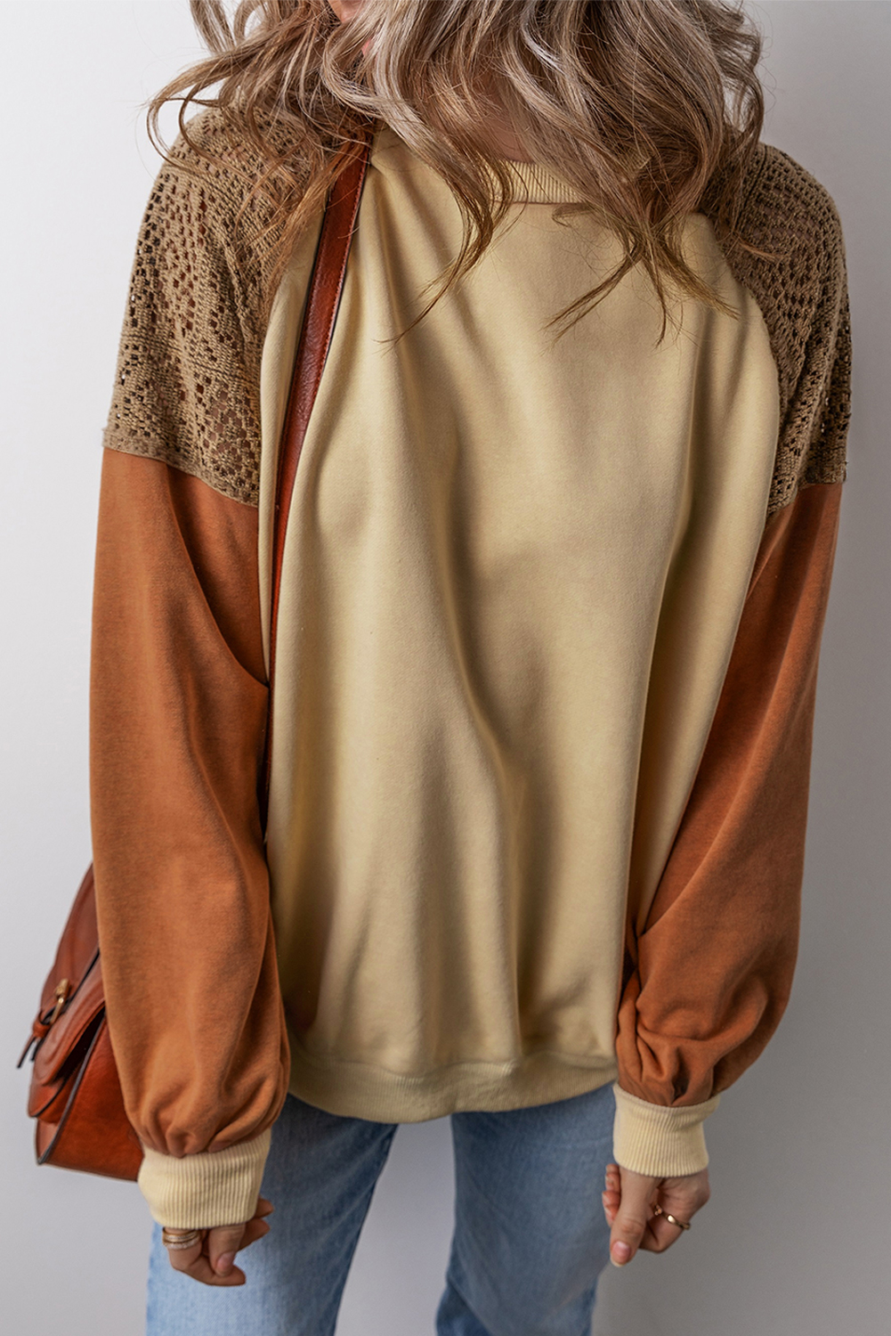Khaki Lace Patchwork Colorblock Drop Shoulder Sweatshirt - loveforevers