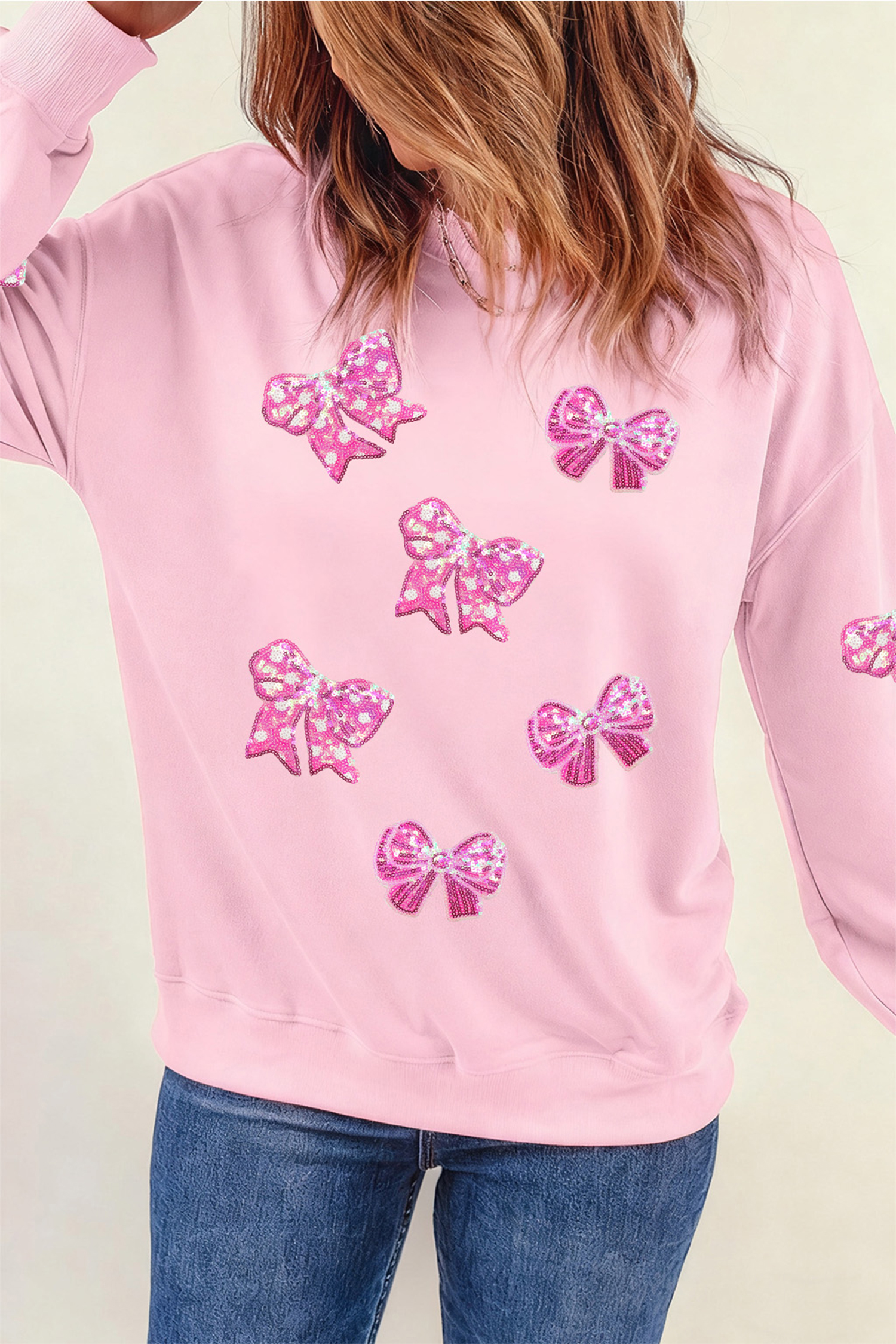 Pink Sequined Bow Patched Pattern Pullover Sweatshirt - loveforevers