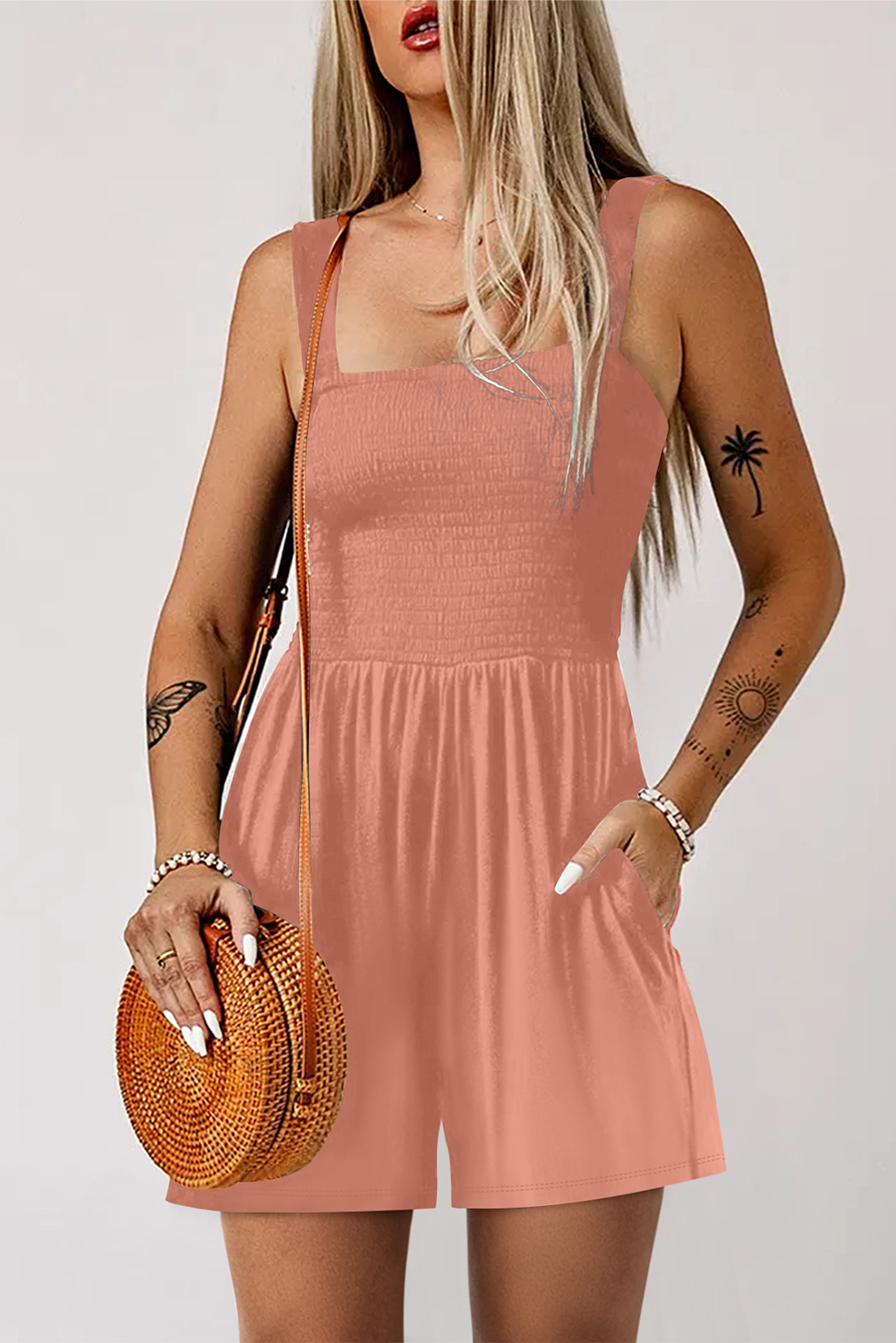 Burgundy Casual Pocketed Smocked Sleeveless Romper - loveforevers