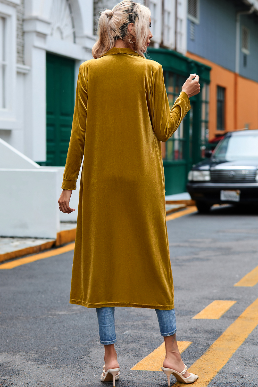 Yellow Velvet Open Front Pocketed Long Duster - loveforevers