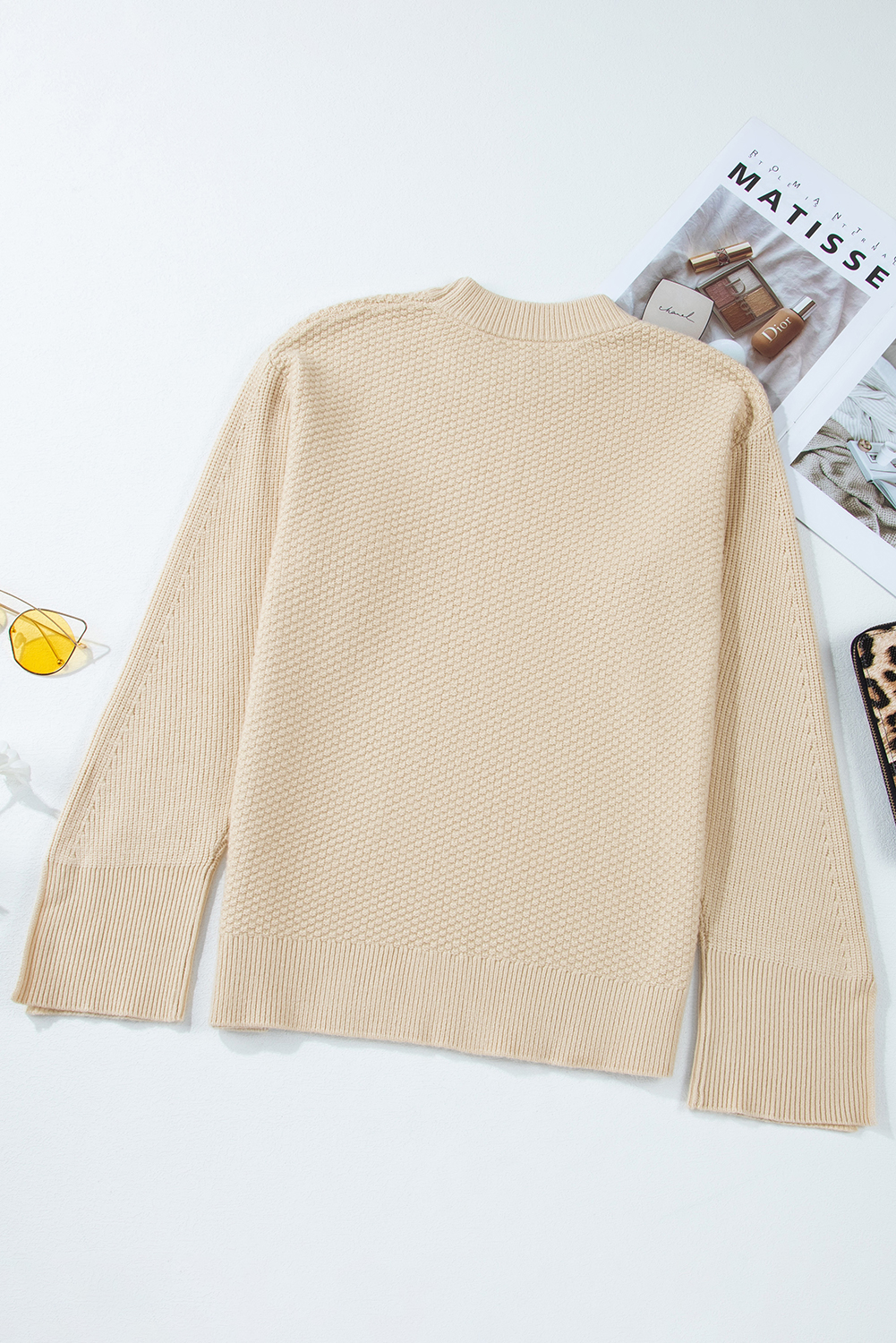 Parchment Solid Textured Knit Split Cuff Drop Shoulder Loose Sweater - loveforevers