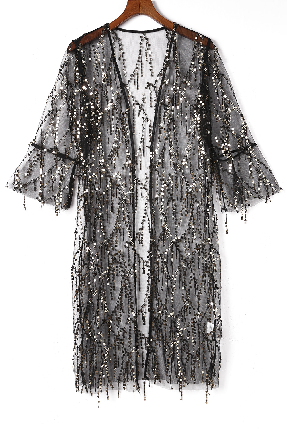 Black Sequin Sheer Long Sleeve Open Front Kimono - loveforevers
