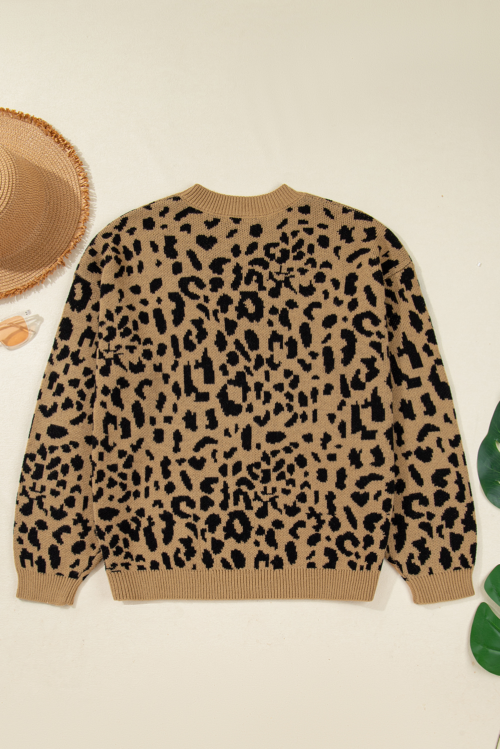 Light French Beige Ribbed Trim Round Neck Leopard Drop Shoulder Sweater - loveforevers