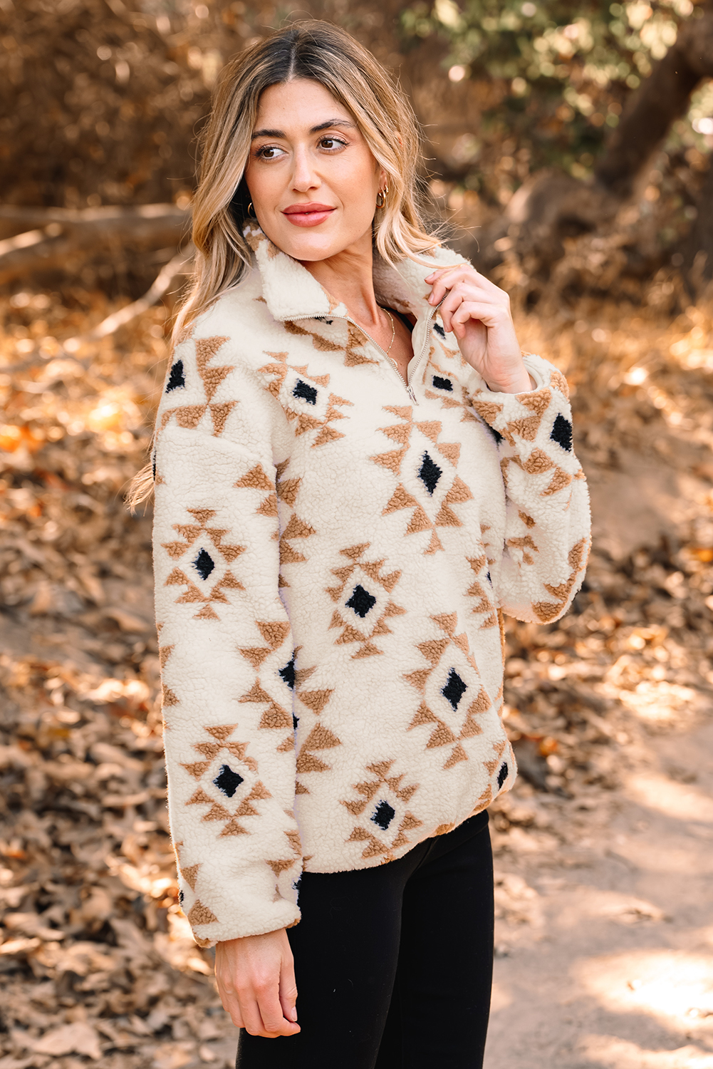 Khaki Aztec Print Sherpa Quarter Zip Collar Sweatshirt - loveforevers