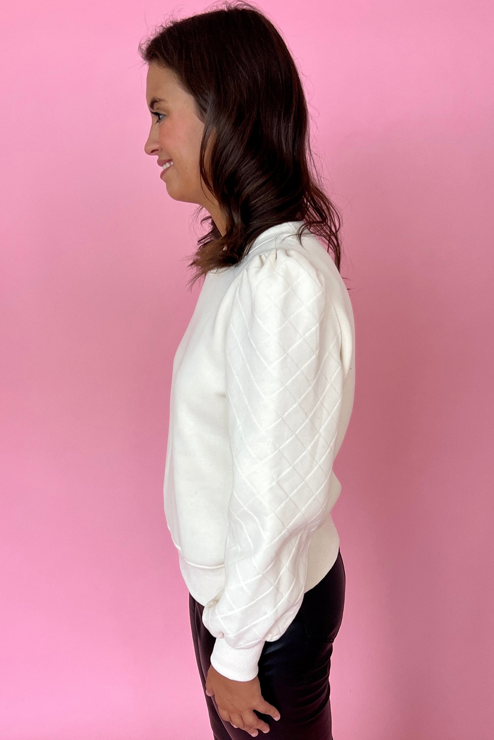 White Solid Puff Sleeve Round Neck Pullover Sweatshirt - loveforevers