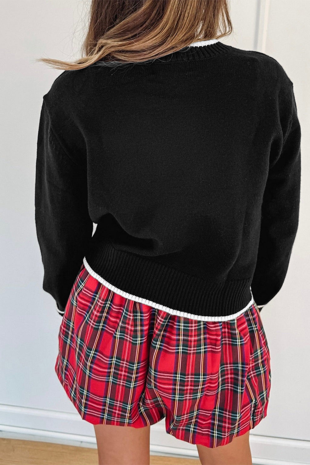 Black Contrast Trim Big Bow Accent Holiday Cropped Sweater - loveforevers