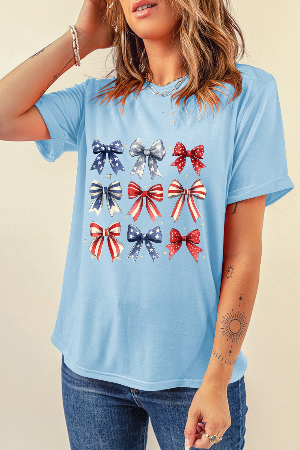 Light Blue Independence Day Bowknot Graphic Tee - loveforevers