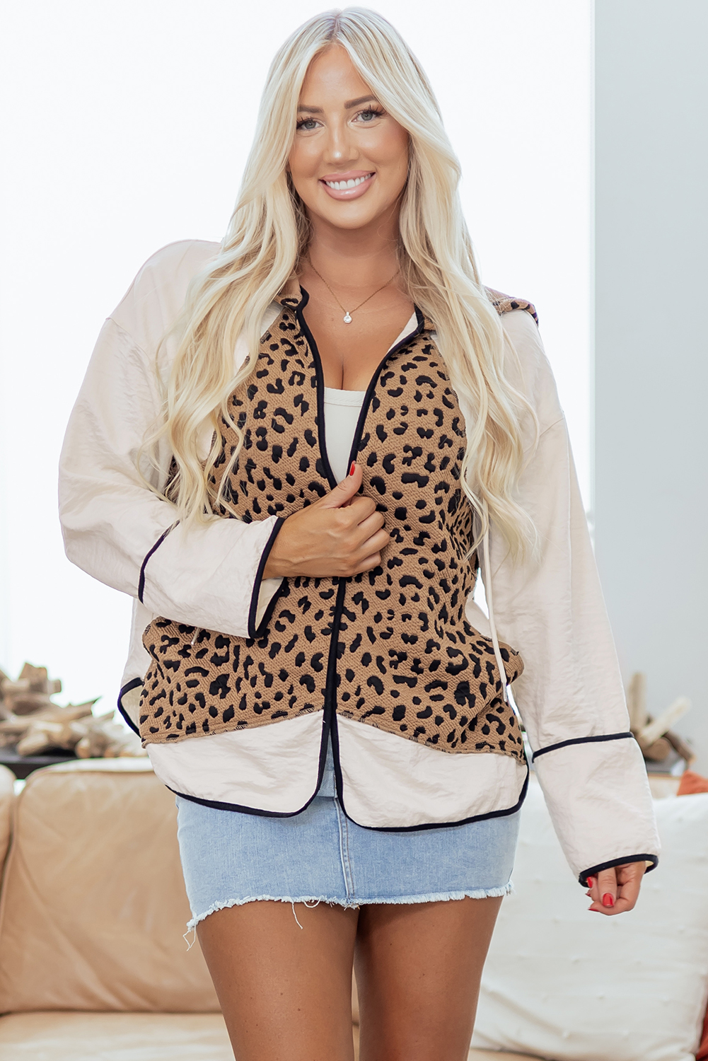 Brown Leopard Star Hooded Patchwork Contrast Piping Open Front Jacket - loveforevers