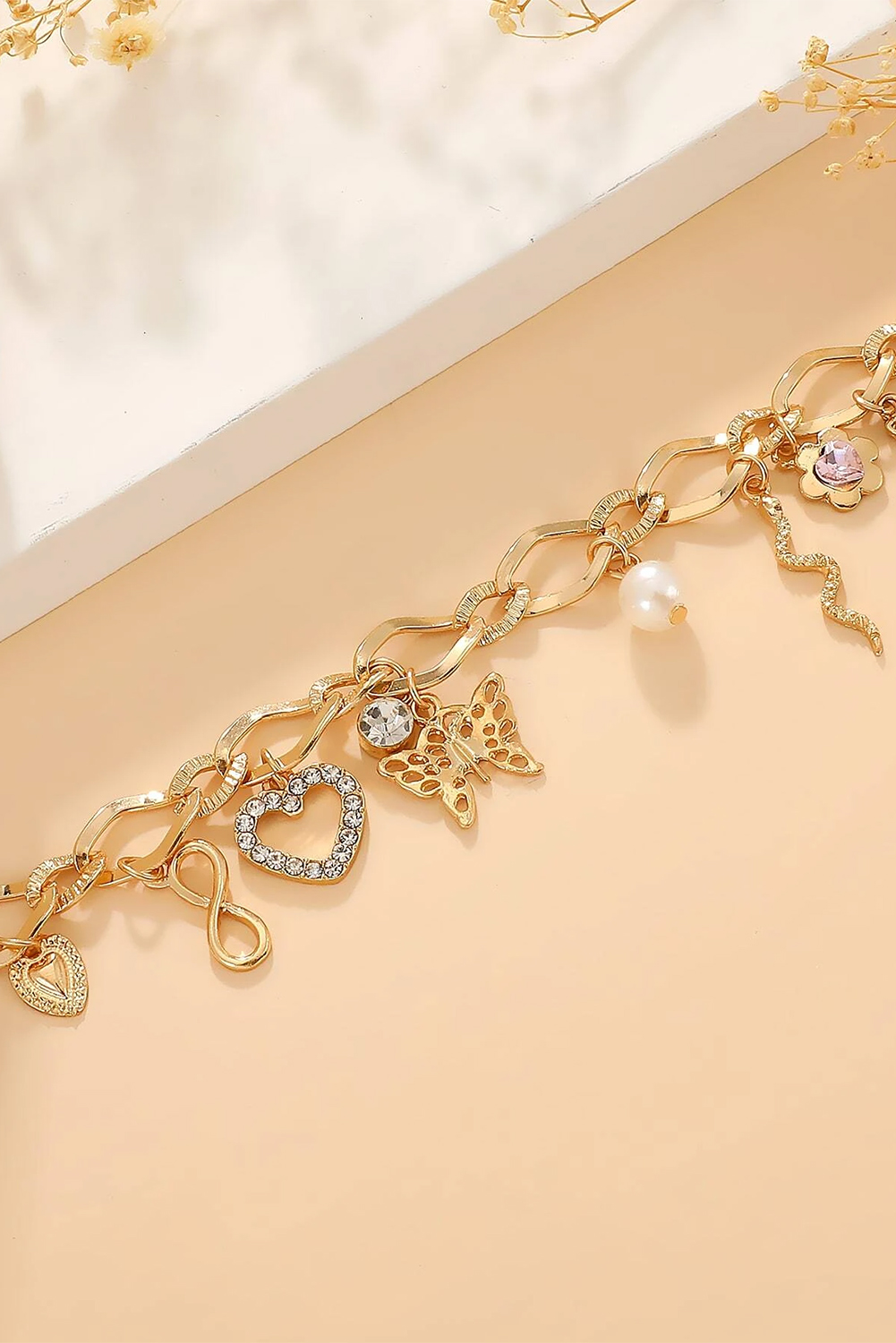 Gold Heart Butterfly Pearl Charm Plated Alloy Bracelet - loveforevers
