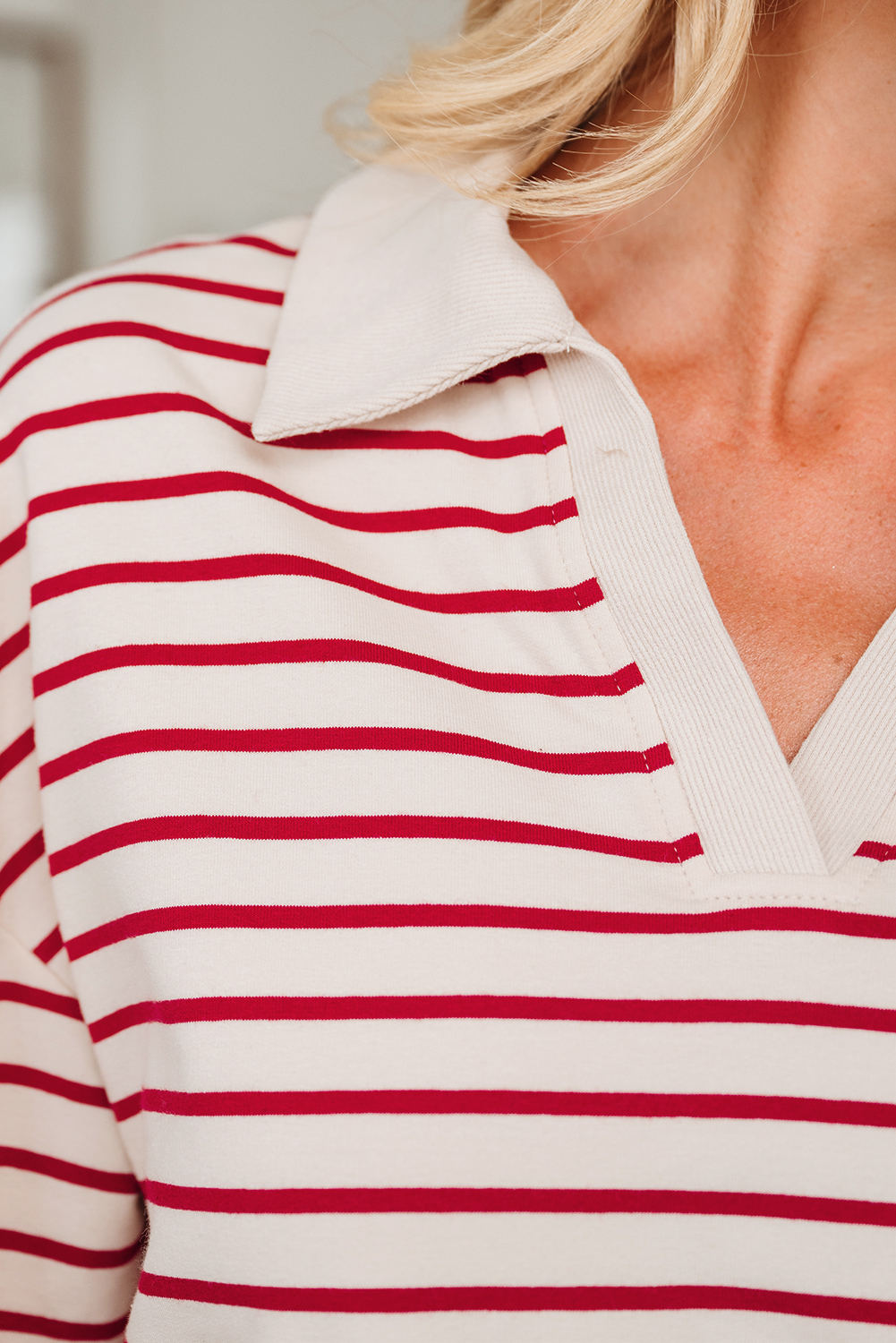 Red Stripe Cropped Collared Drop Shoulder Pullover and Bubble Mini Skirt Set - loveforevers