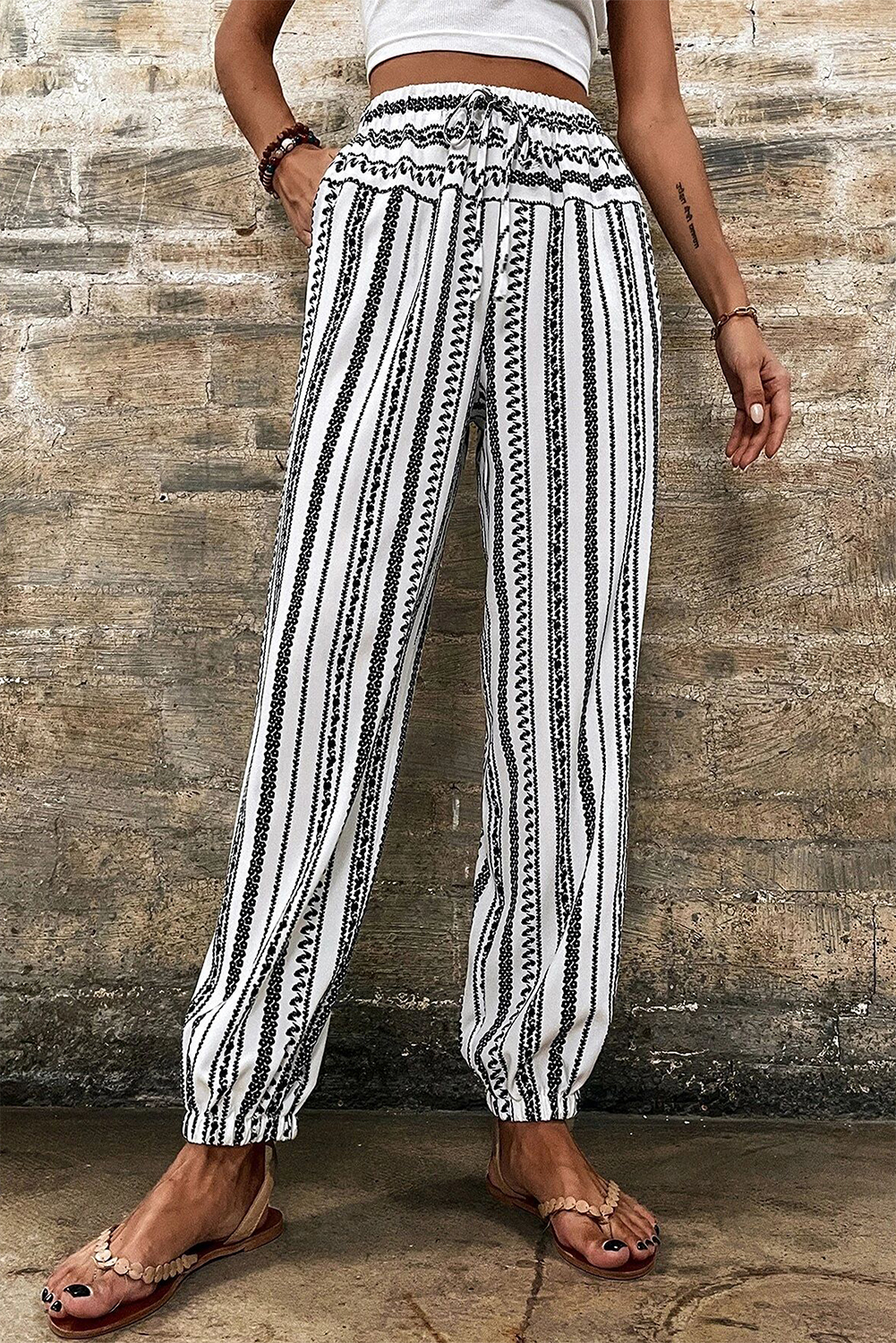 Black Stripe Boho Print Drawstring Elastic Waistband Casual Joggers - loveforevers