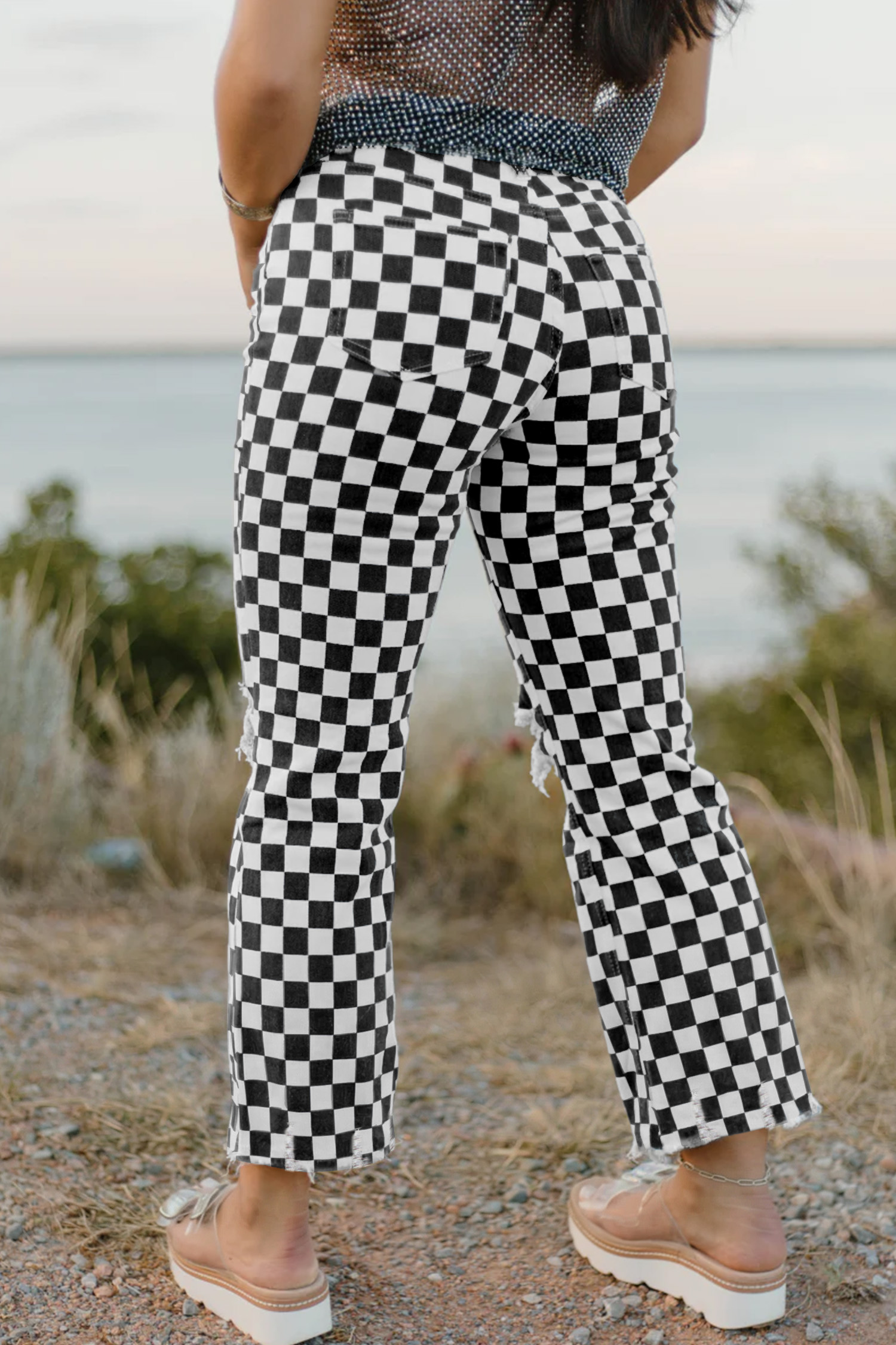 Black Checkerboard Print Distressed Holes Raw Edge Cropped Jeans - loveforevers