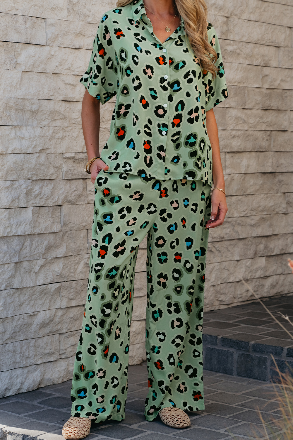 Green Leopard Print Short Sleeve Shirt and Wide Leg Pants Set - loveforevers