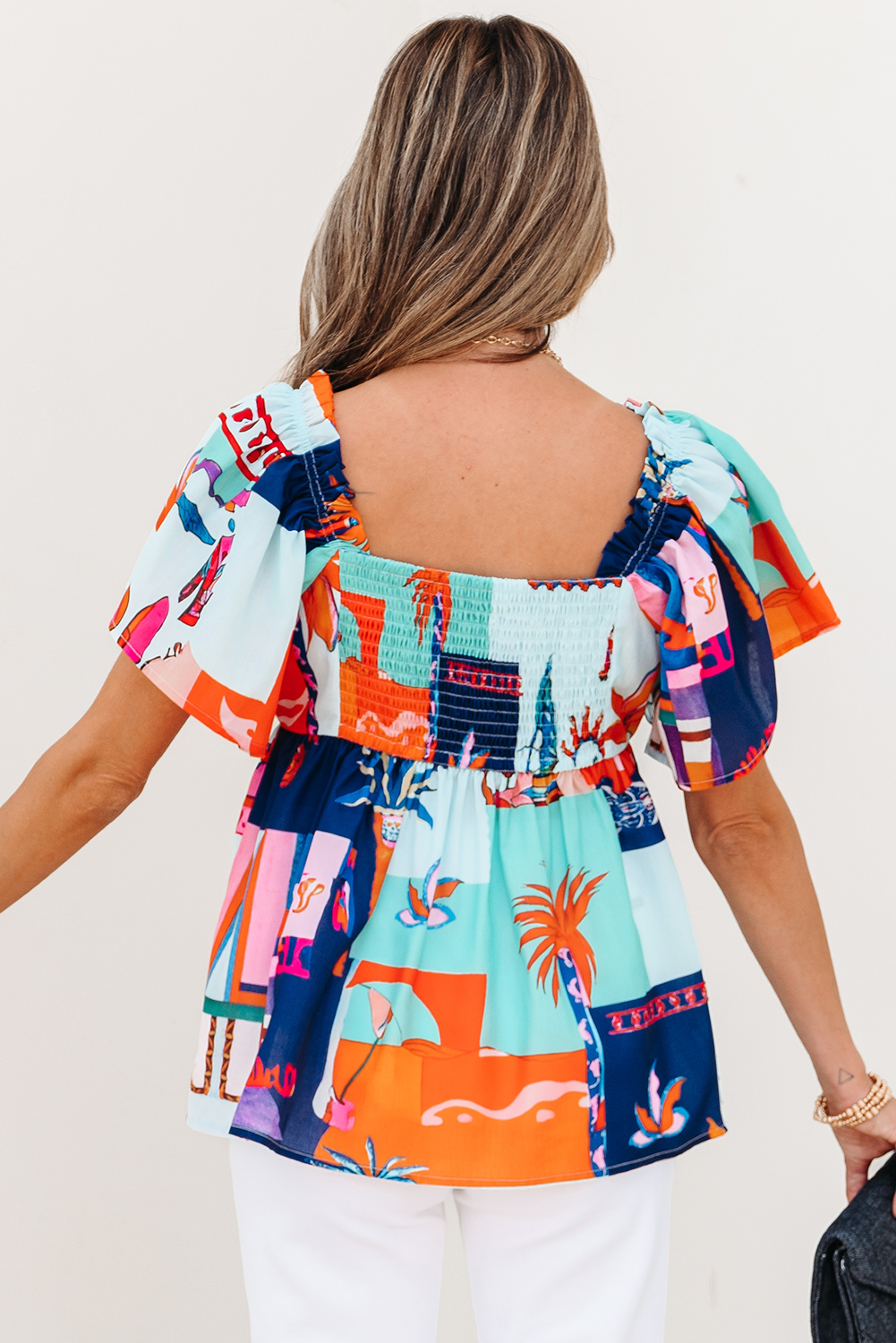 Sky Blue Tropical Printed Square Neck Flutter Sleeve Babydoll Blouse - loveforevers