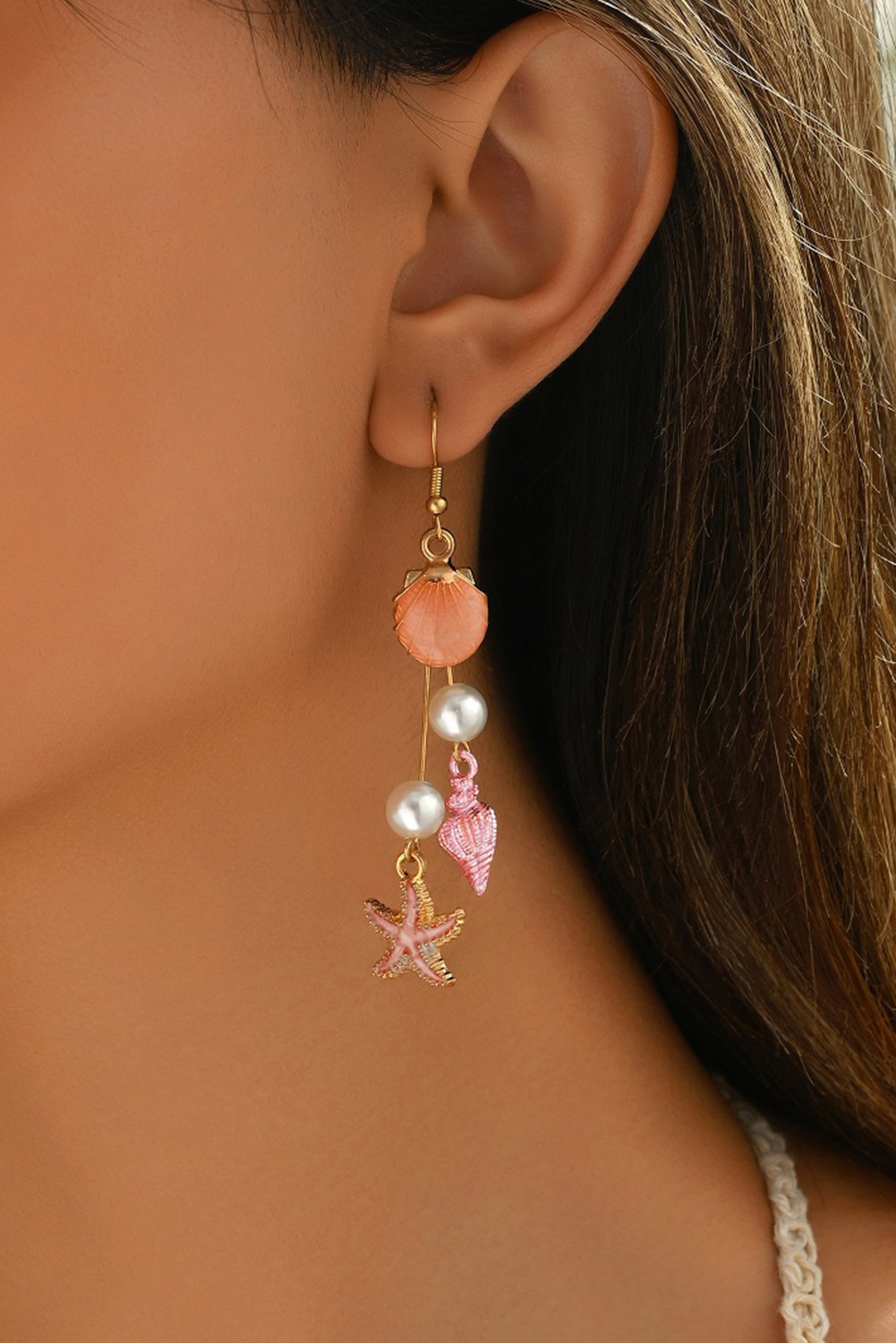 Bonbon Starfish Conch Shell Pearl Dangle Earrings - loveforevers