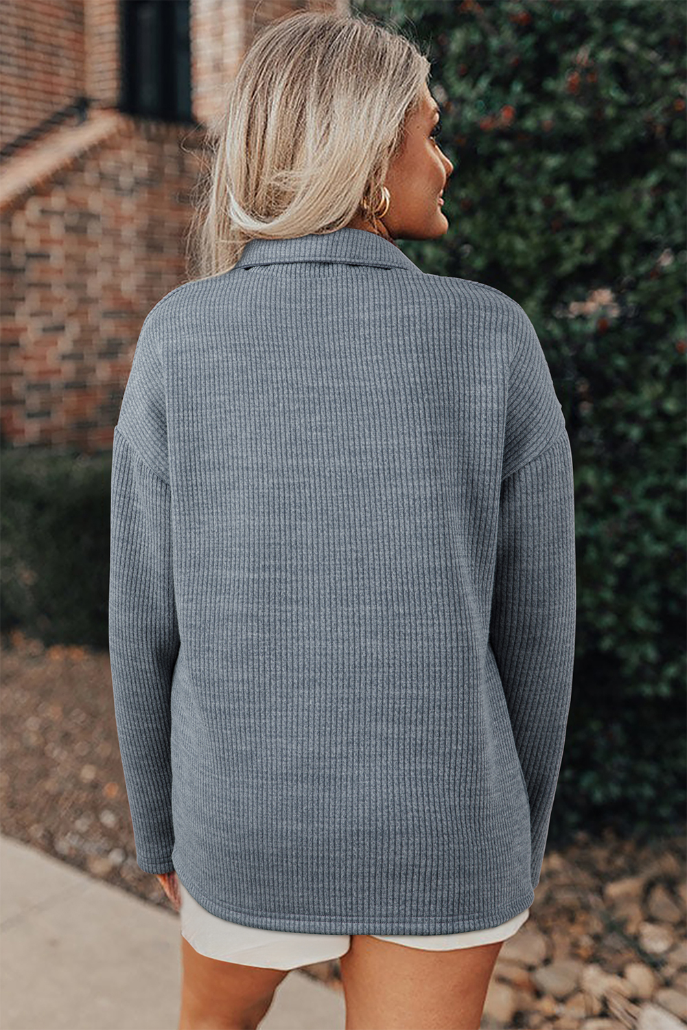 Medium Grey Ribbed Knit Buttons Front Flap Pocket Casual Shacket - loveforevers