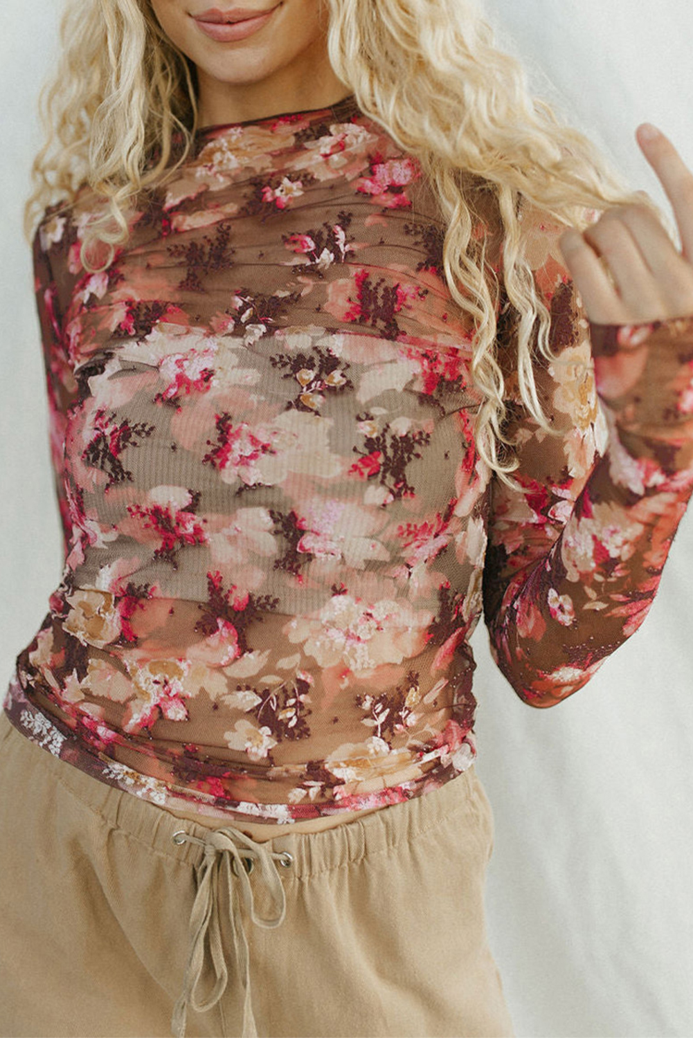 Red Floral Print Sheer Mesh Long Sleeve Top - loveforevers