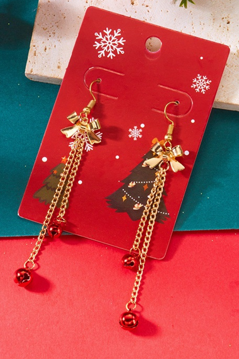 Fiery Red Jingle Bell Tassel Dangle Gold Plated Bow Hook Earrings - loveforevers