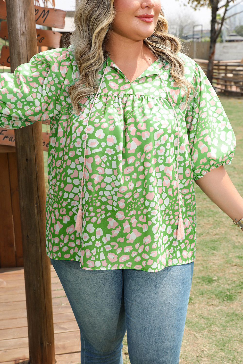 Green Abstract Leopard Tied Front Flutter Sleeve Blouse - loveforevers