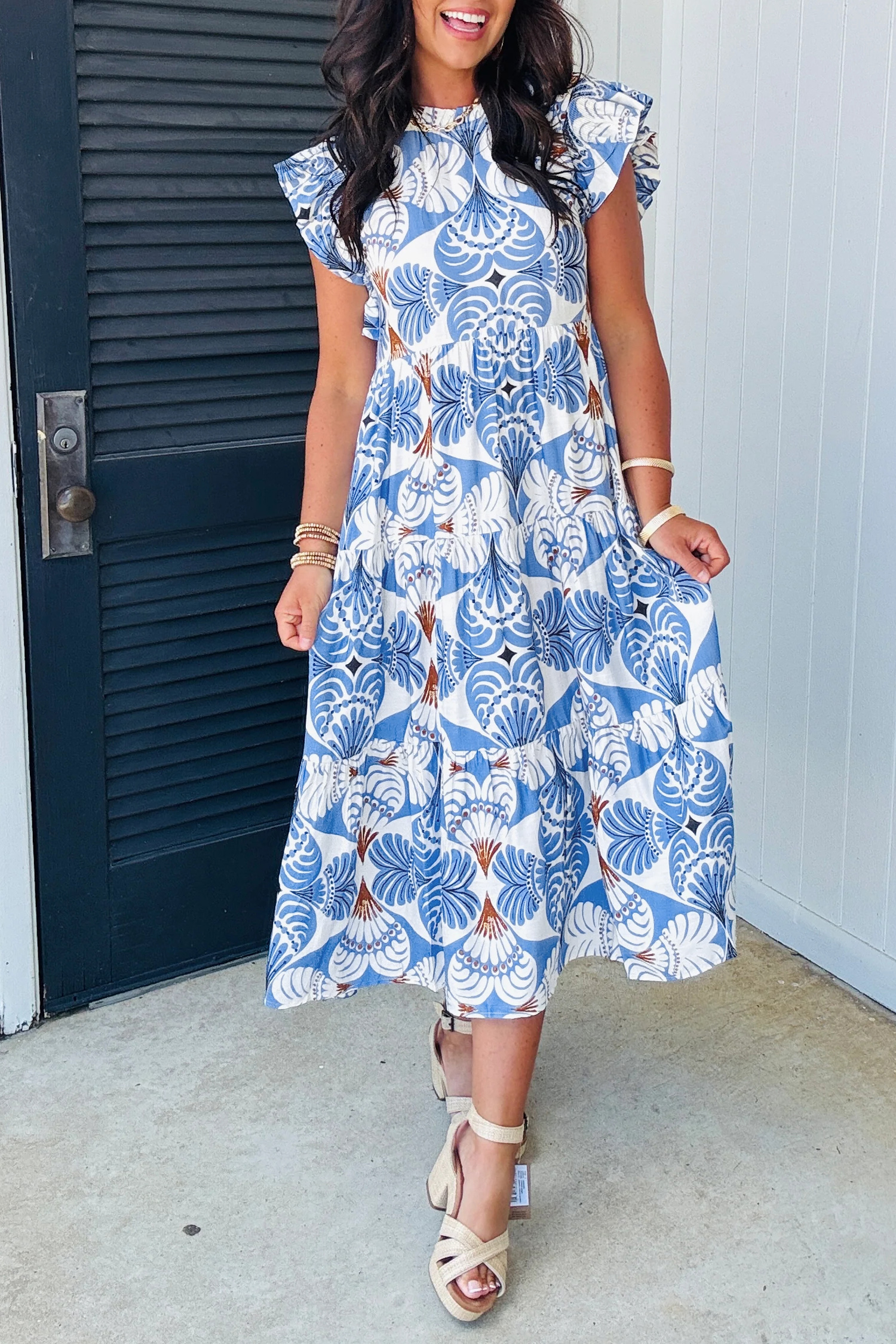Sky Blue Tropical Botanic Print Flutter Sleeve Vacation Long Dress - loveforevers