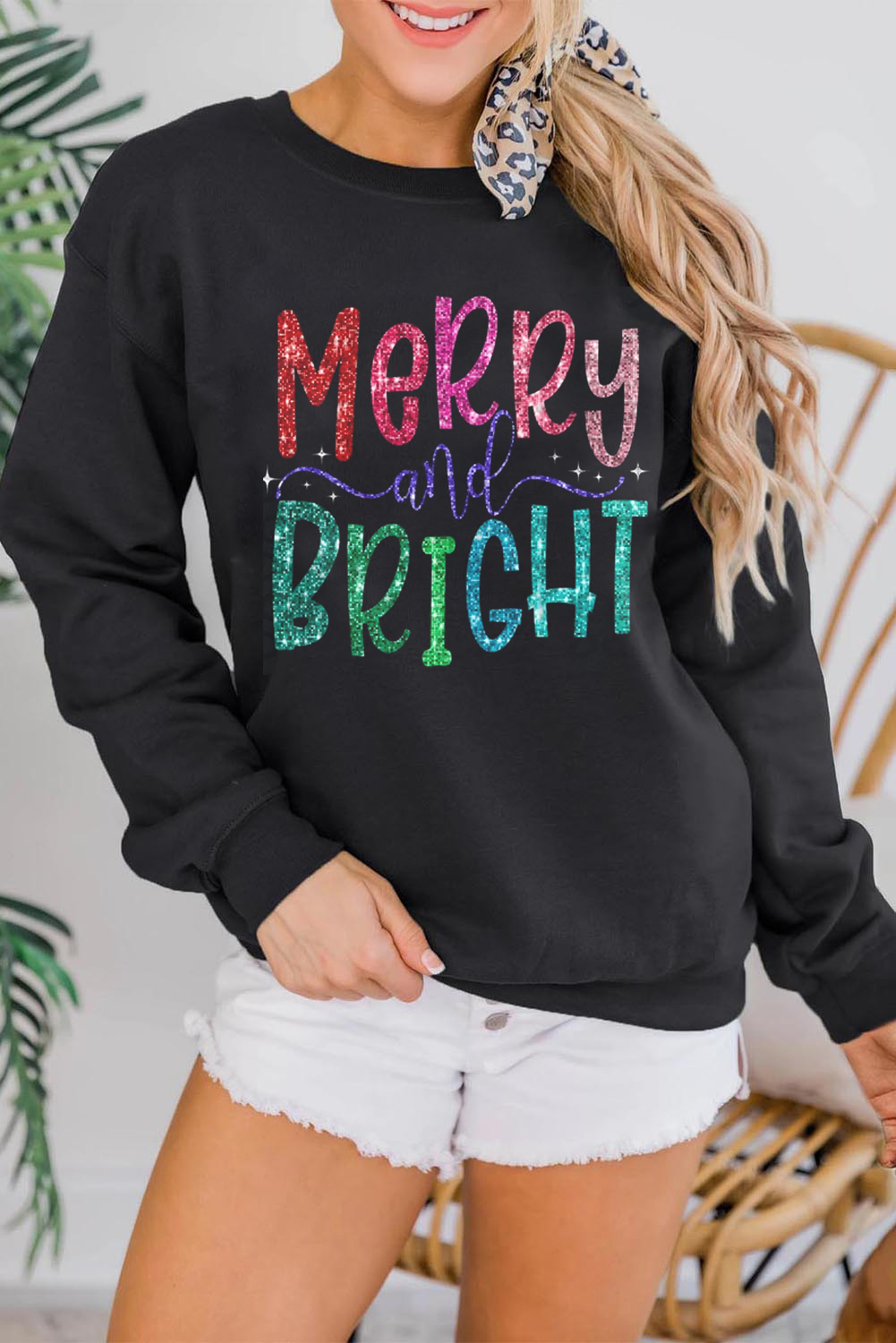 Black Merry and Bright Graphic Christmas Pullover Sweatshirt - loveforevers
