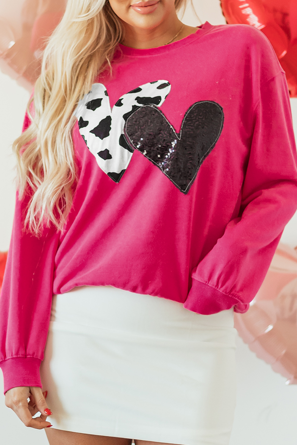 Strawberry Pink Cow & Sequin Double Heart Patch Graphic Sweatshirt - loveforevers