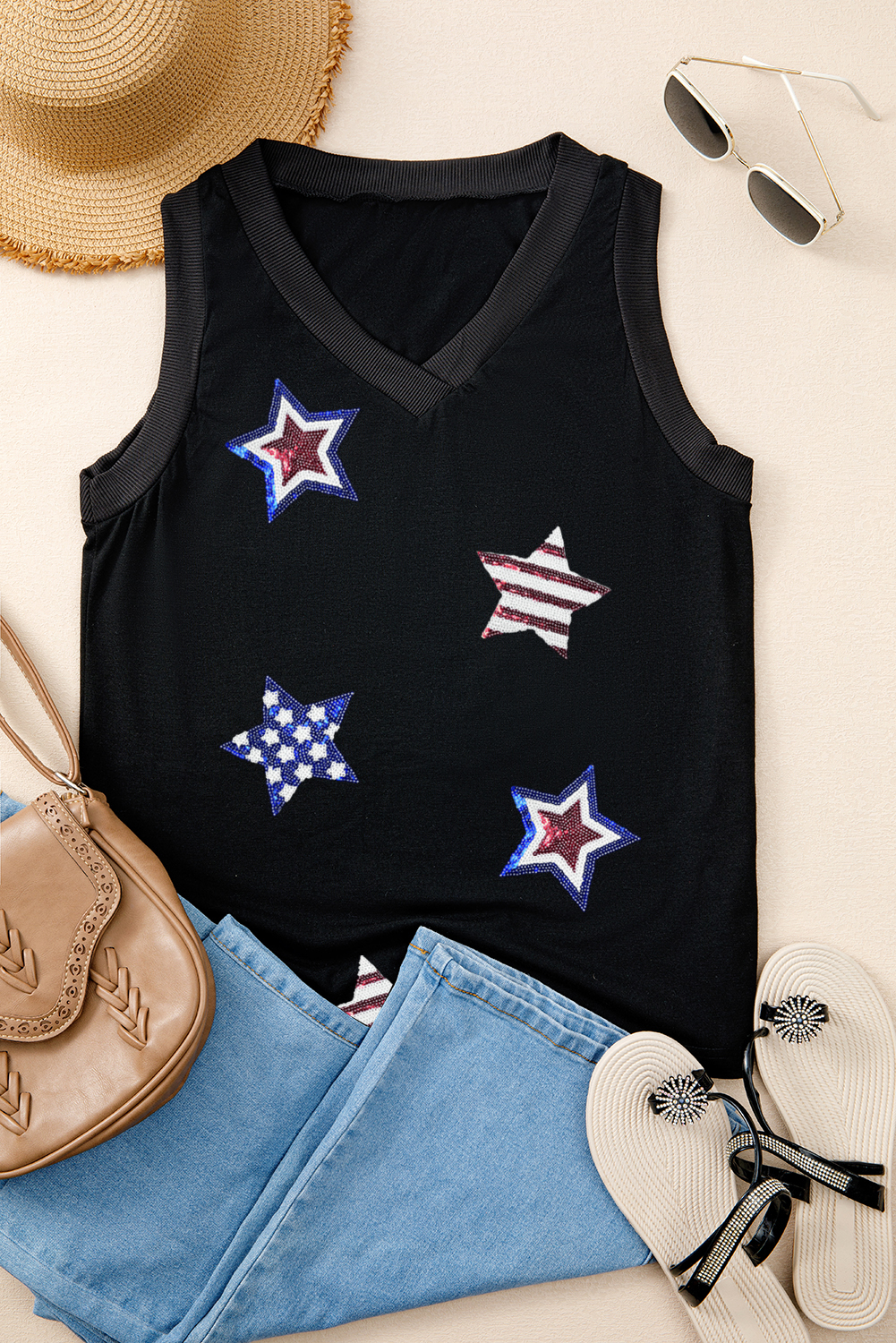 Black July 4th Sequin Star Patched V Neck Tank Top - loveforevers
