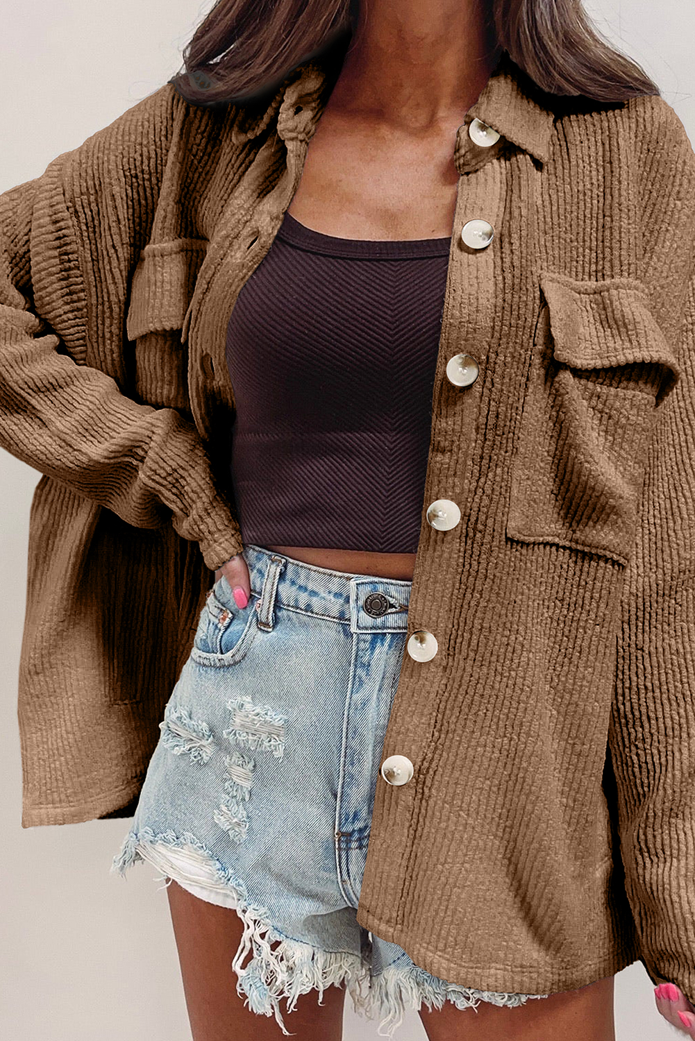 Dark Khaki Solid Color Corduroy Buttoned Long Sleeve Shacket - loveforevers