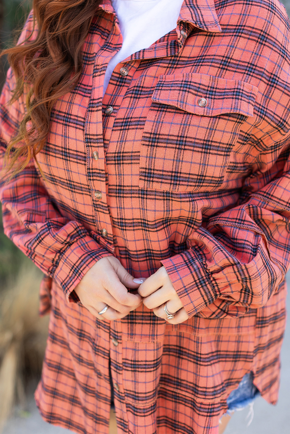 Red Plaid Long Sleeeve Side Split Distressed Hem Shirt - loveforevers