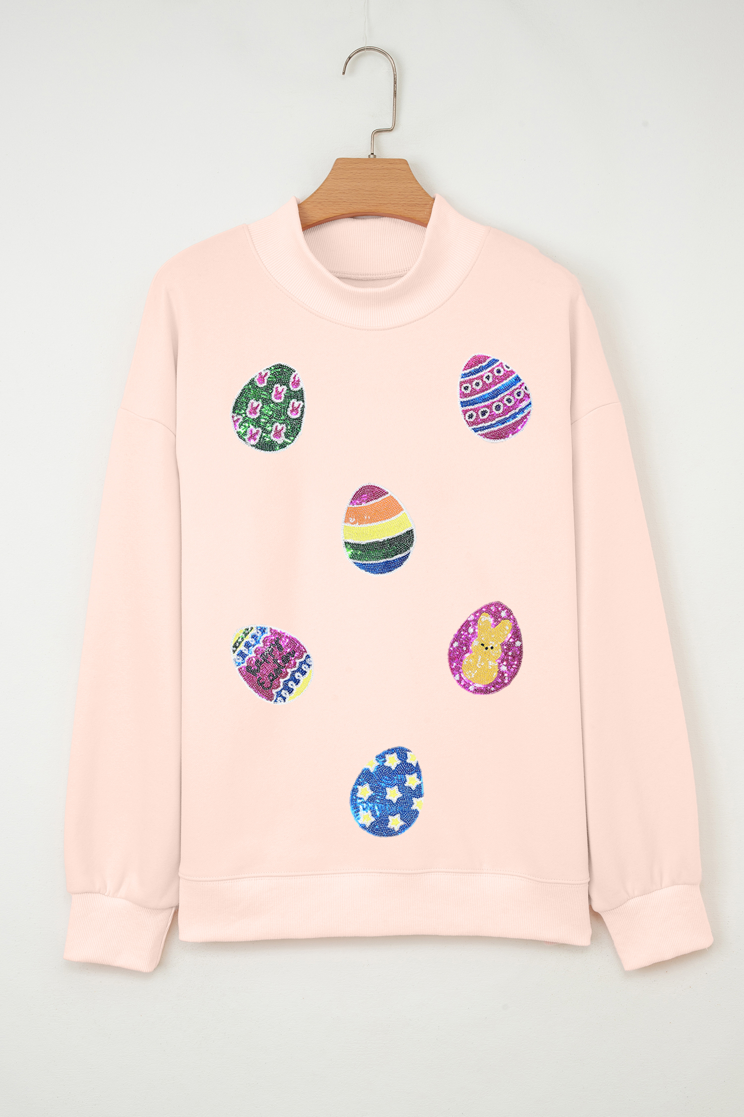 Apricot Pink Artistic Easter Eggs Sequin Patch Graphic Mock Neck Sweatshirt - loveforevers