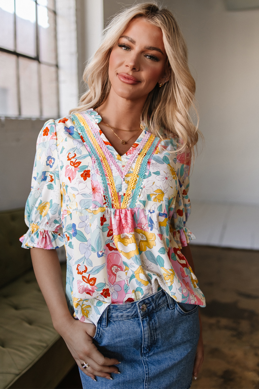 Pink Boho Flower Print Half Puff Sleeve Blouse - loveforevers