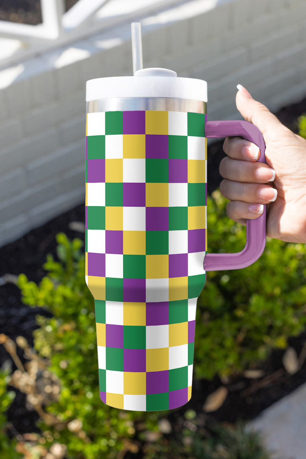 Tillandsia Purple Checkered Print Handle Large Vacuum Cup 40OZ - loveforevers