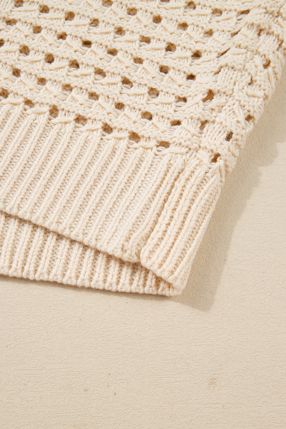 Beige Hollowed Pattern Knit Zip Up Drop Shoulder Sweater Cardigan - loveforevers