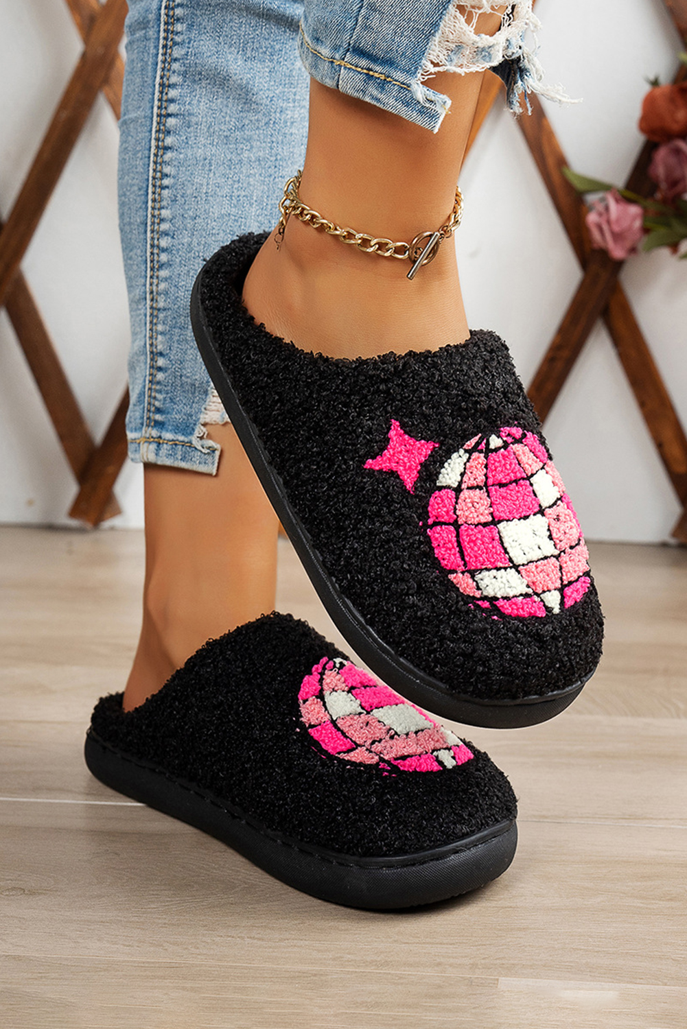 Black Disco Ball Print Fuzzy Winter House Slippers - loveforevers