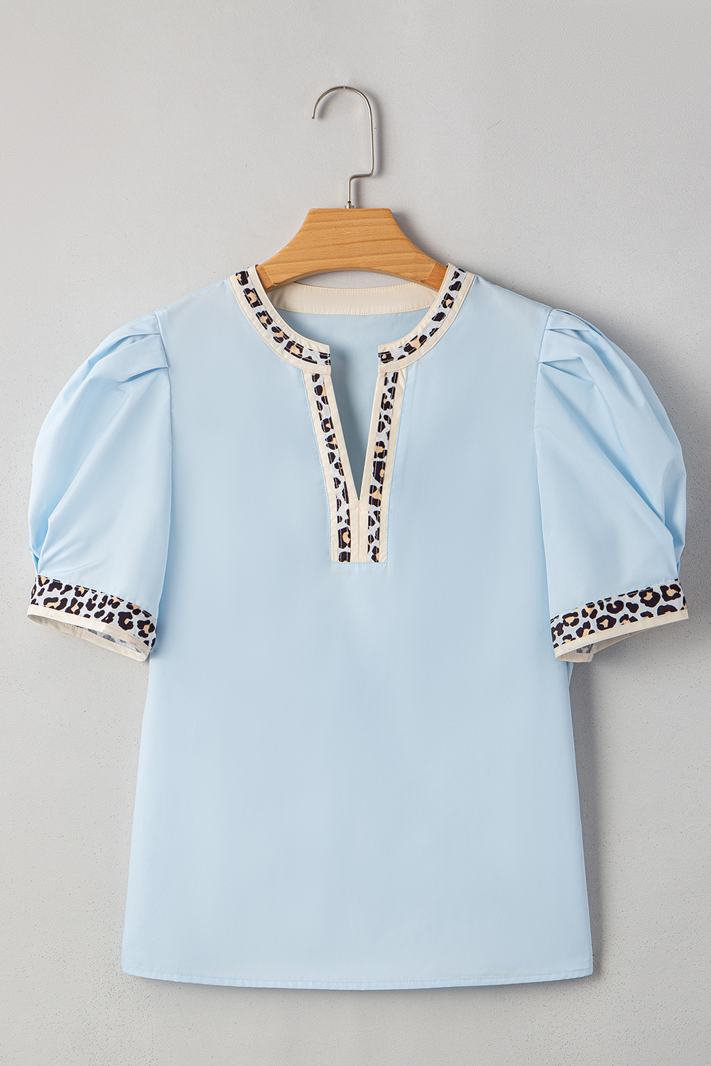 Buckskin Contrast Leopard Trim Split Neck Puff Sleeve Blouse - loveforevers