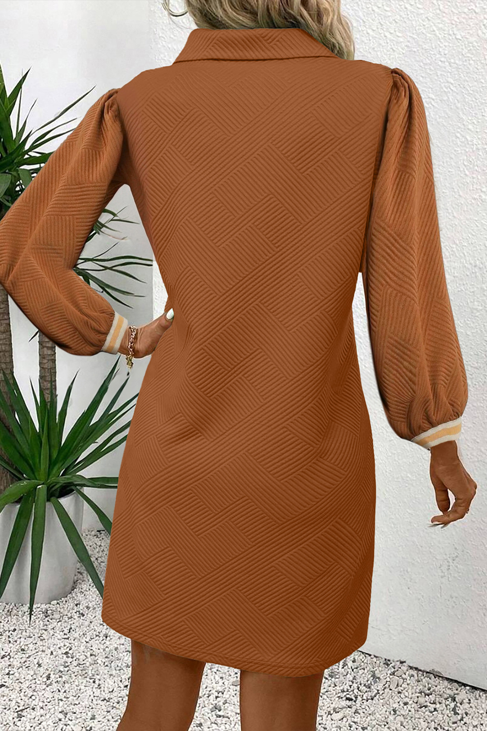 Chestnut Textured Contrast Striped Split Neck Long Sleeve Shift Mini Dress - loveforevers