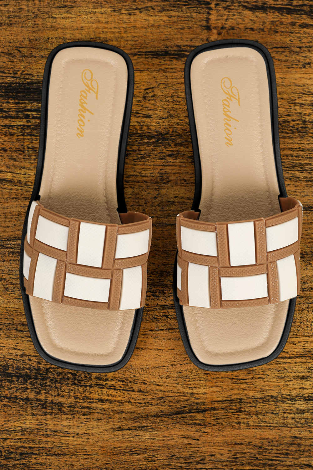 Beige Two Tone Contrast PU Leather Square Toe Slippers - loveforevers