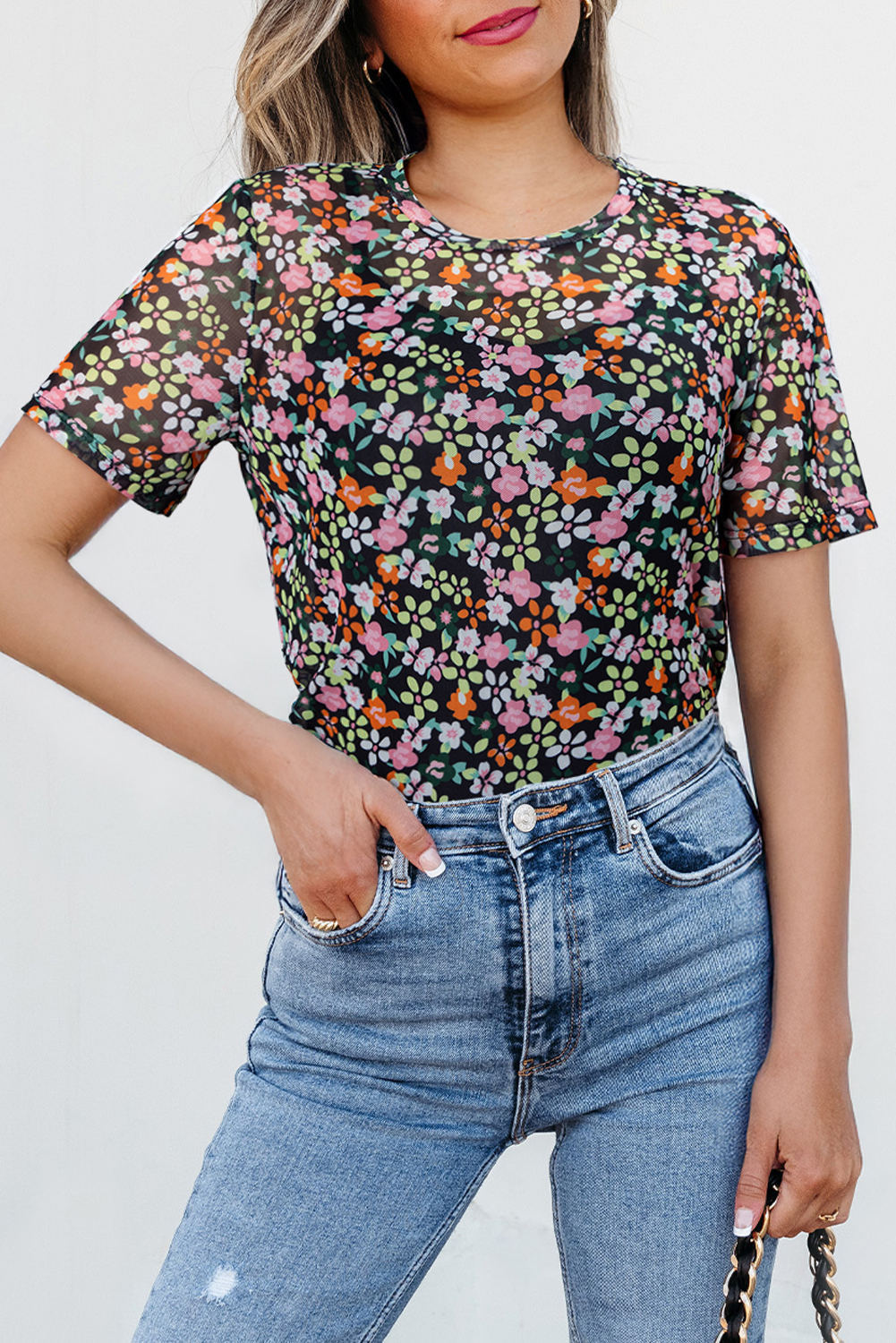 Black Sheer Floral Mesh Round Neck T Shirt - loveforevers