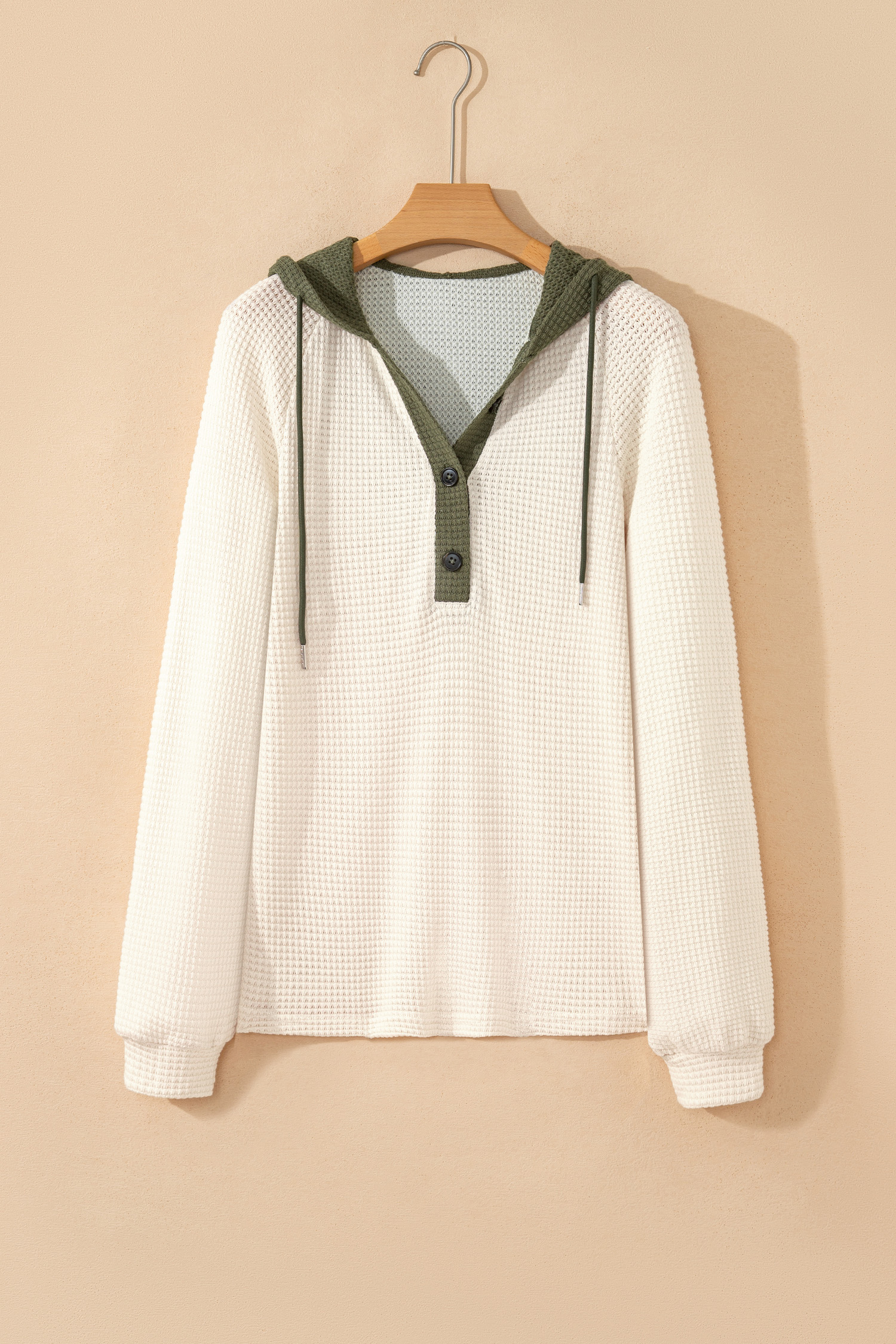 Coffee Waffle Contrast Half Buttoned Hooded Pullover Top - loveforevers