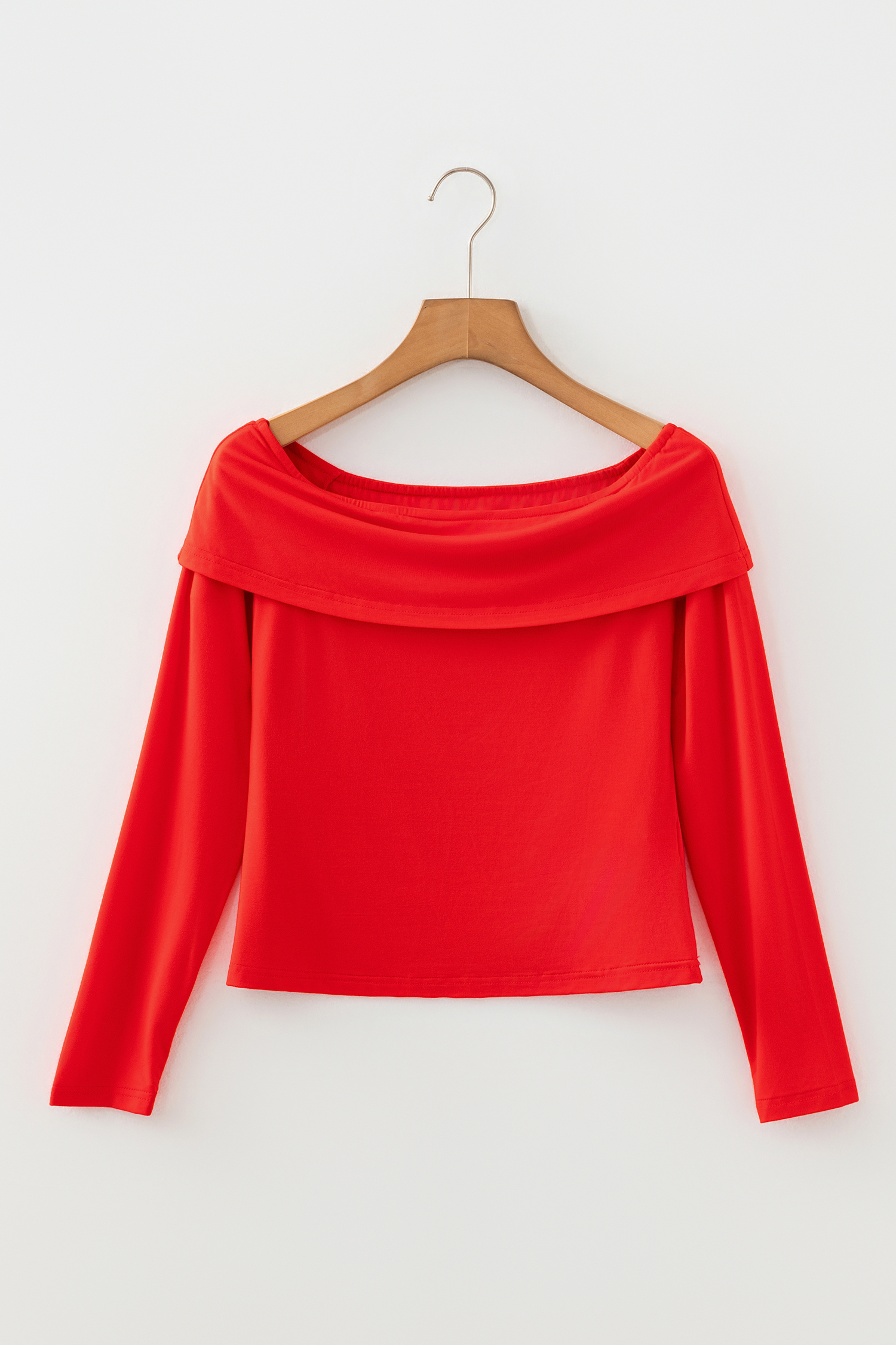 Fiery Red Foldover Off Shoulder Long Sleeve Slim Top - loveforevers