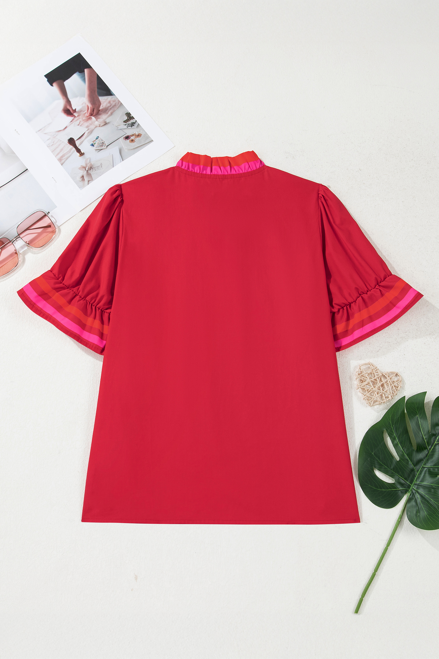 Four Leaf Clover Striped Trim Ruffle Split Neck Long Sleeve Blouse - loveforevers