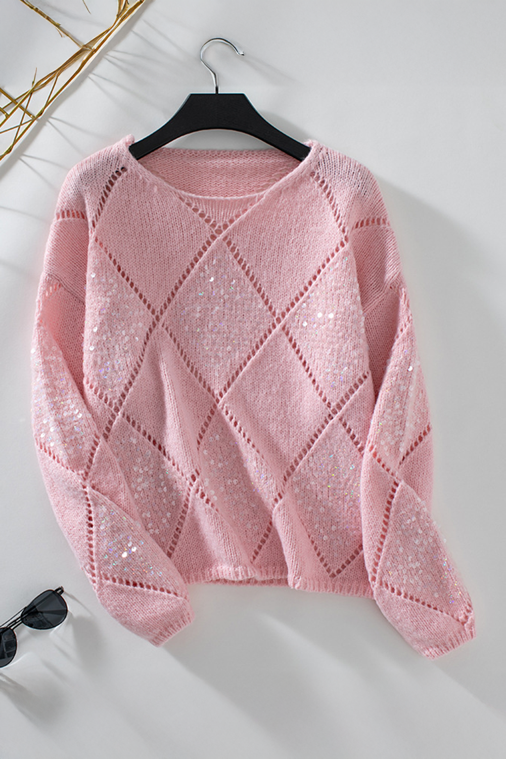 Dusk Blue Hollowed Rhombus Pattern Sequin Detail Round Neck Sweater - loveforevers